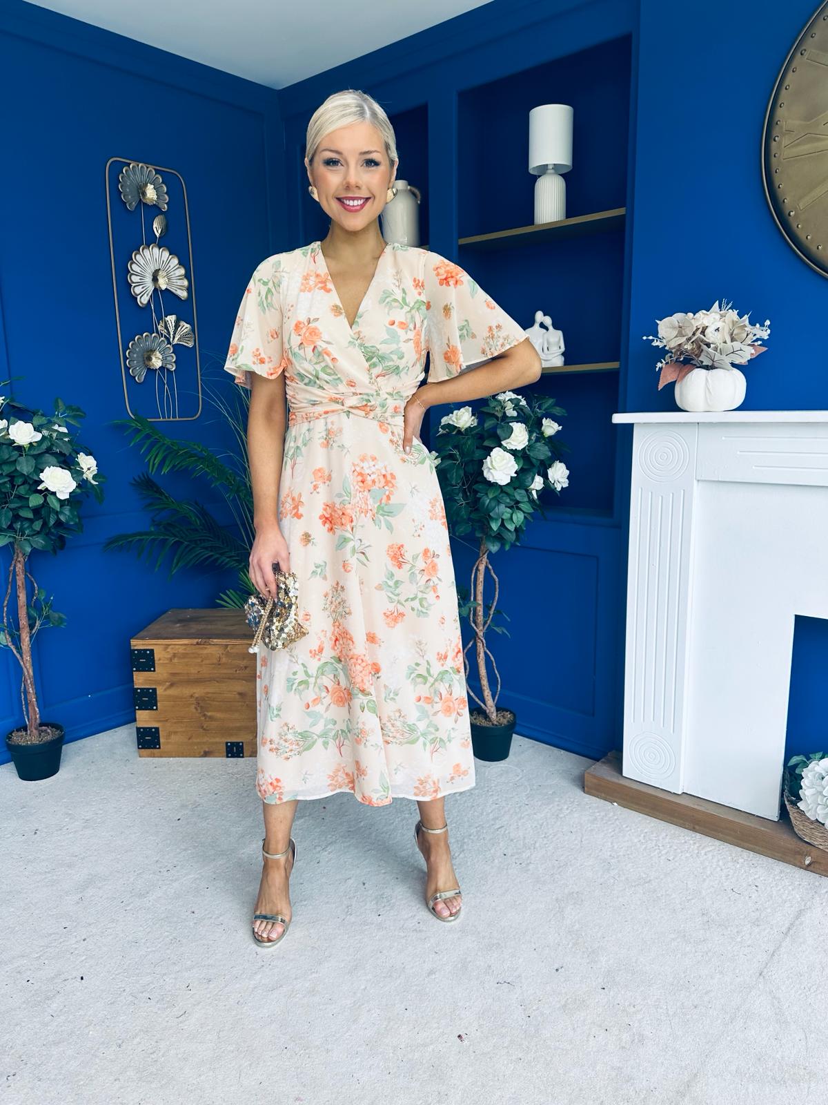 Daisy Twist Detail Midi Dress Floral Cream