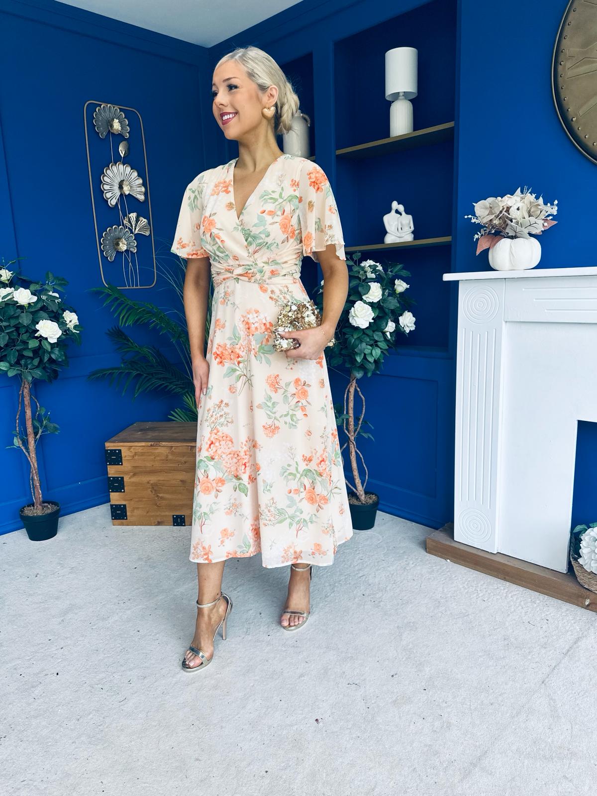 Daisy Twist Detail Midi Dress Floral Cream