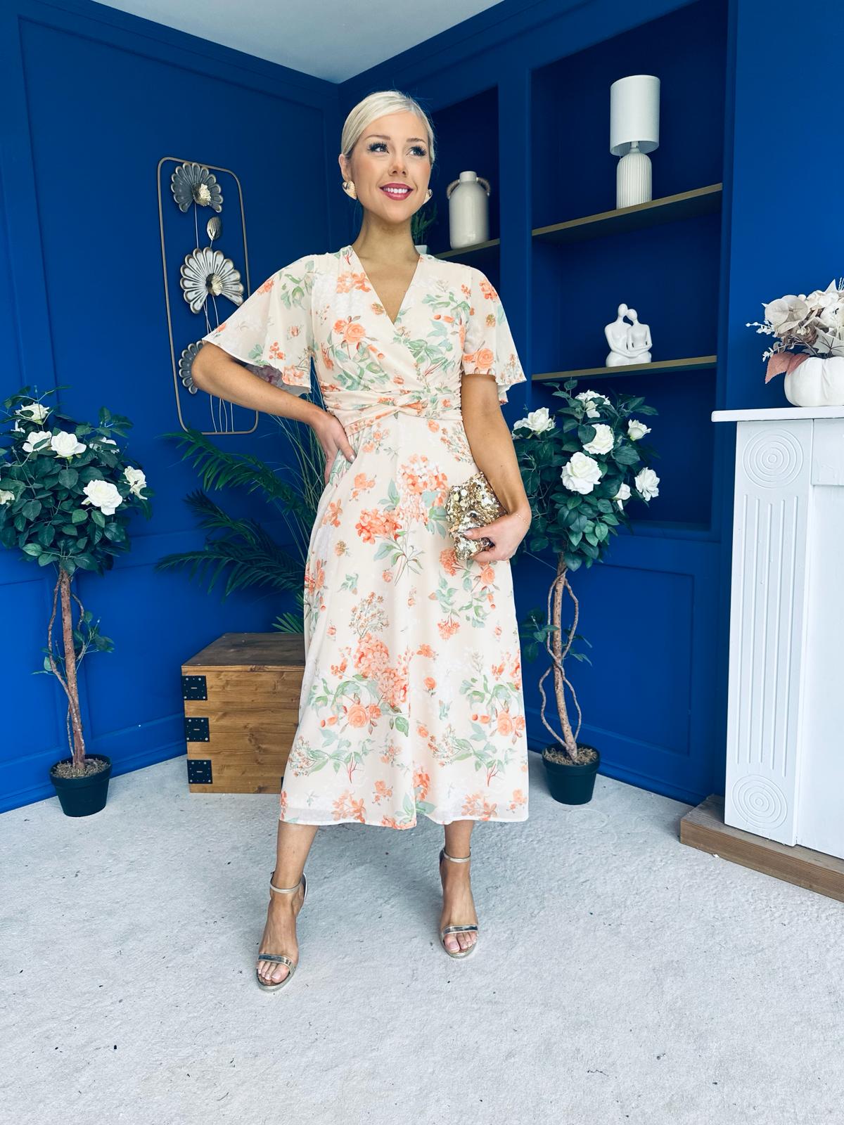 Daisy Twist Detail Midi Dress Floral Cream