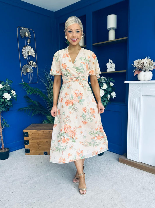 Daisy Twist Detail Midi Dress Floral Cream