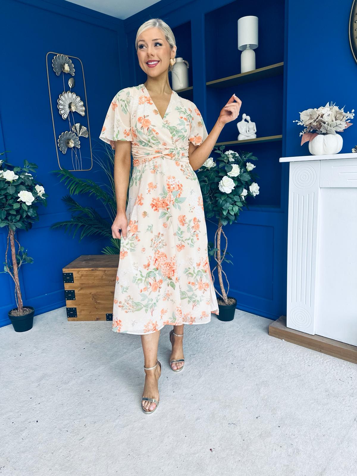 Daisy Twist Detail Midi Dress Floral Cream