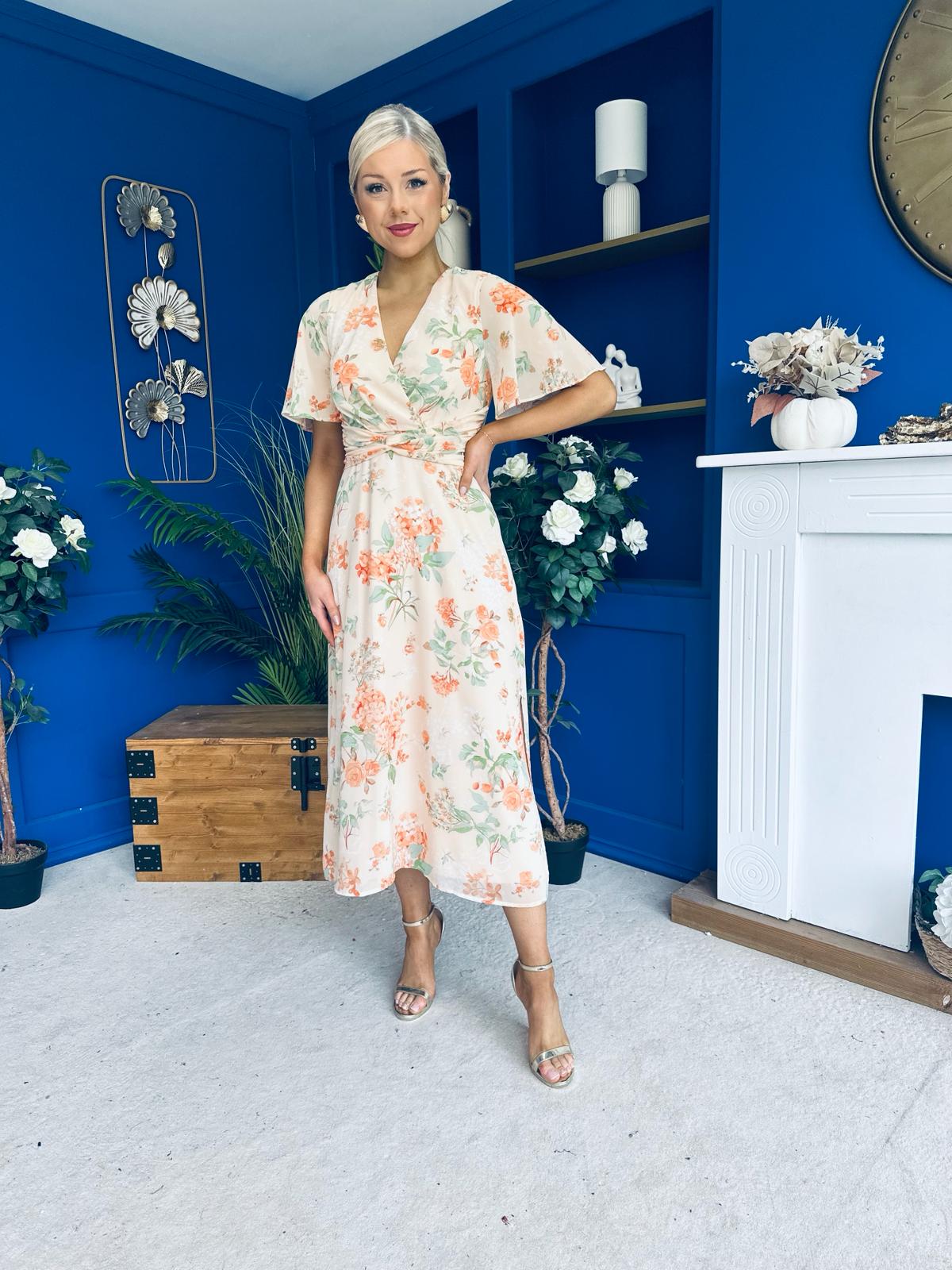 Daisy Twist Detail Midi Dress Floral Cream