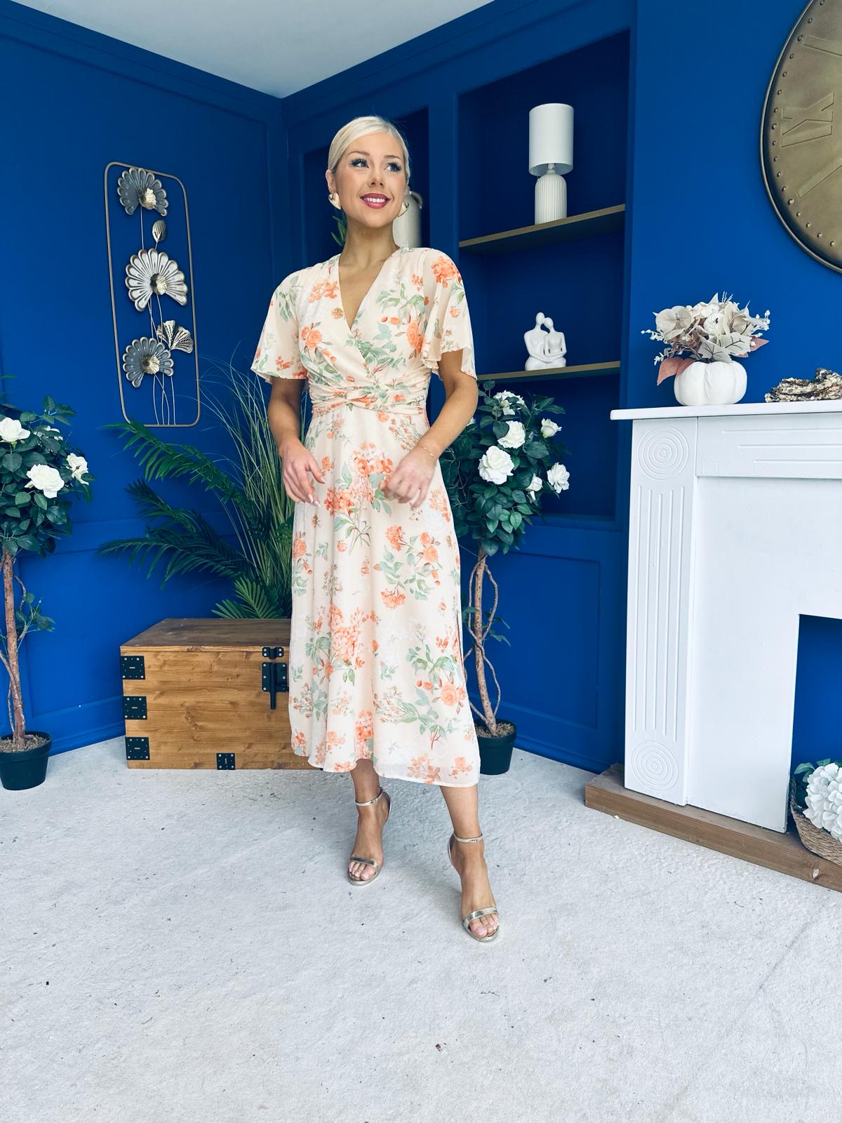 Daisy Twist Detail Midi Dress Floral Cream