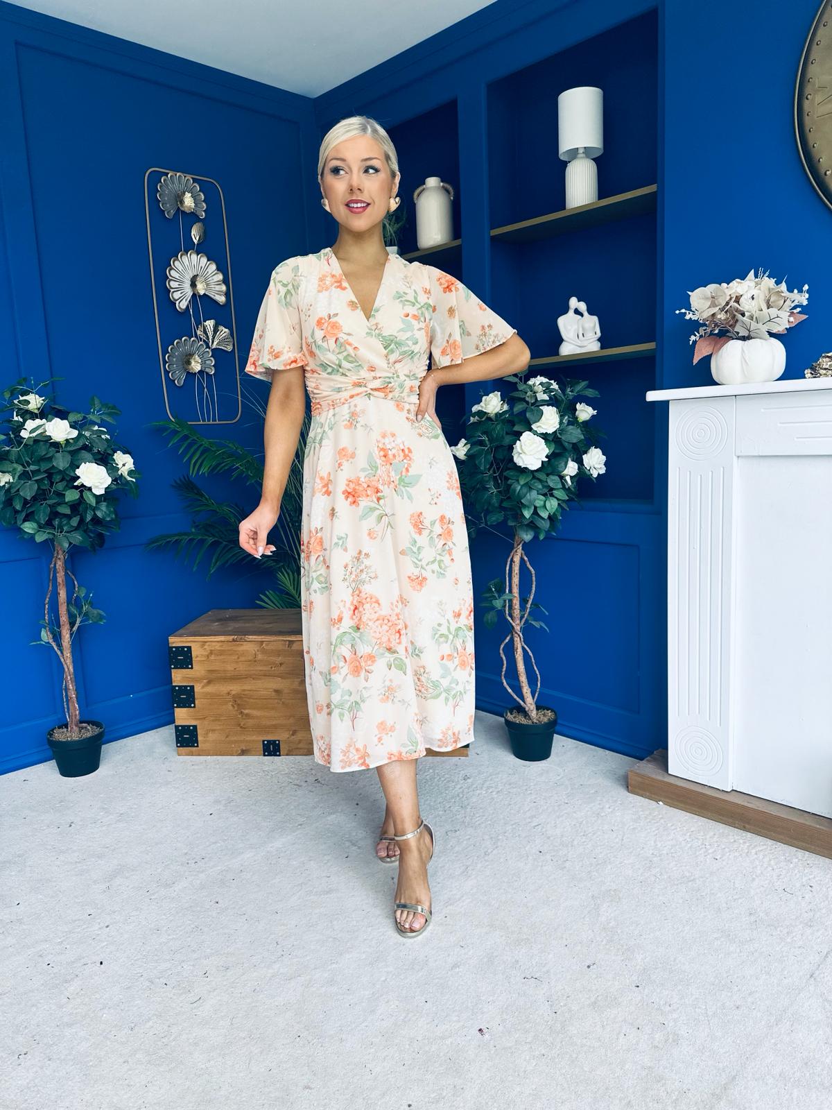 Daisy Twist Detail Midi Dress Floral Cream