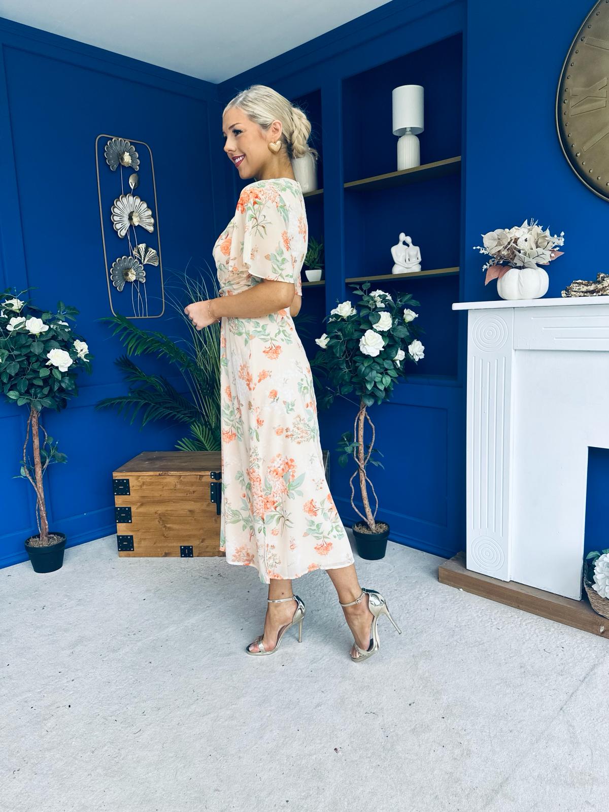 Daisy Twist Detail Midi Dress Floral Cream