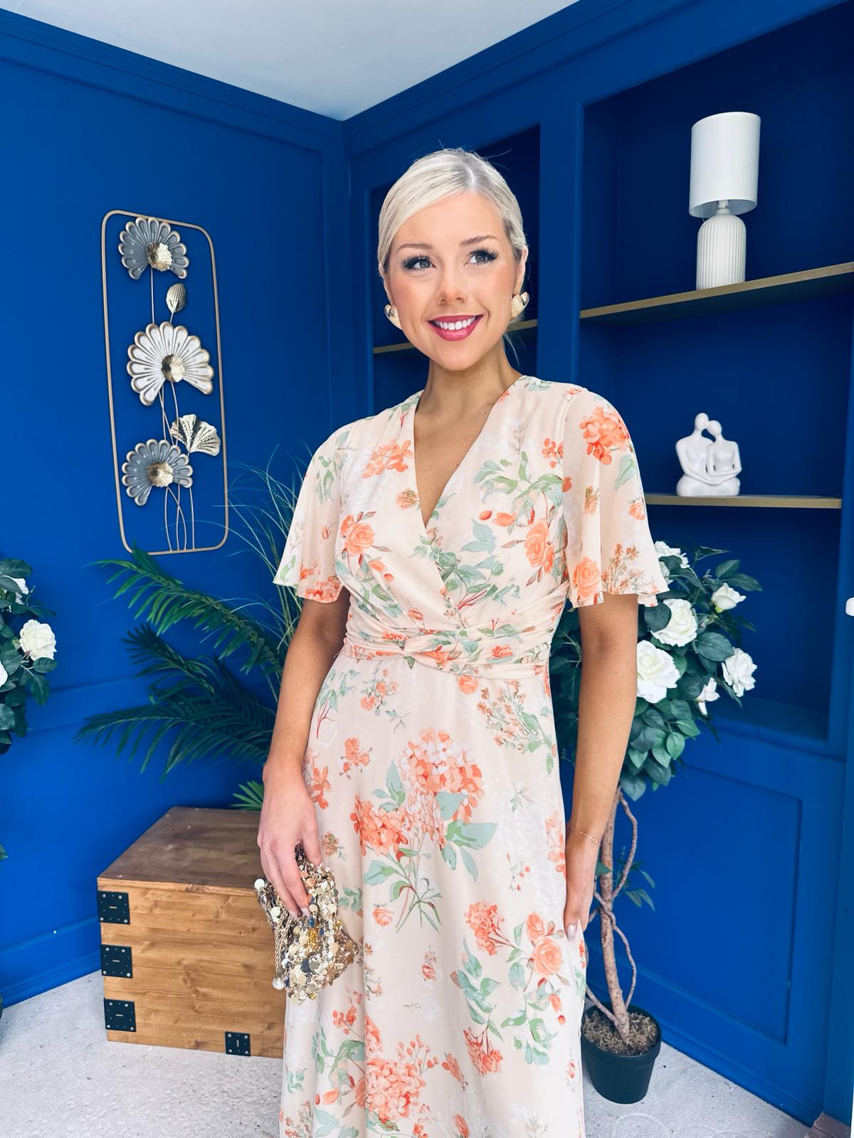 Daisy Twist Detail Midi Dress Floral Cream