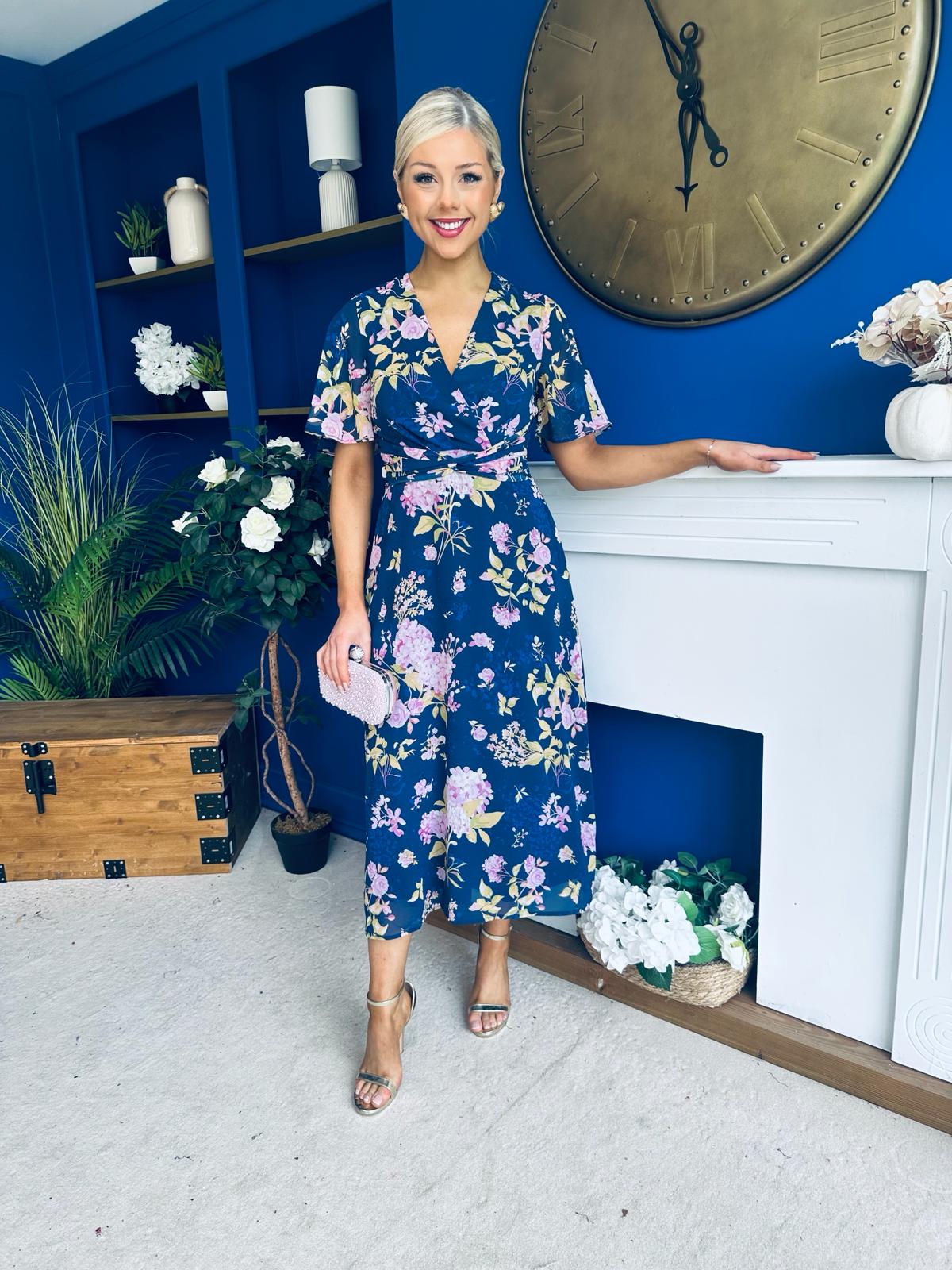Daisy Twist Detail Midi Dress Floral Navy