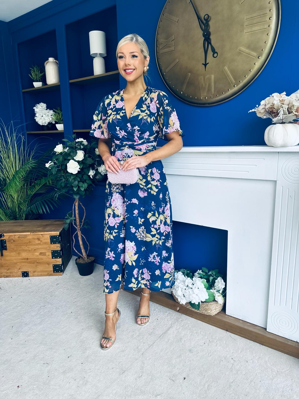 Daisy Twist Detail Midi Dress Floral Navy
