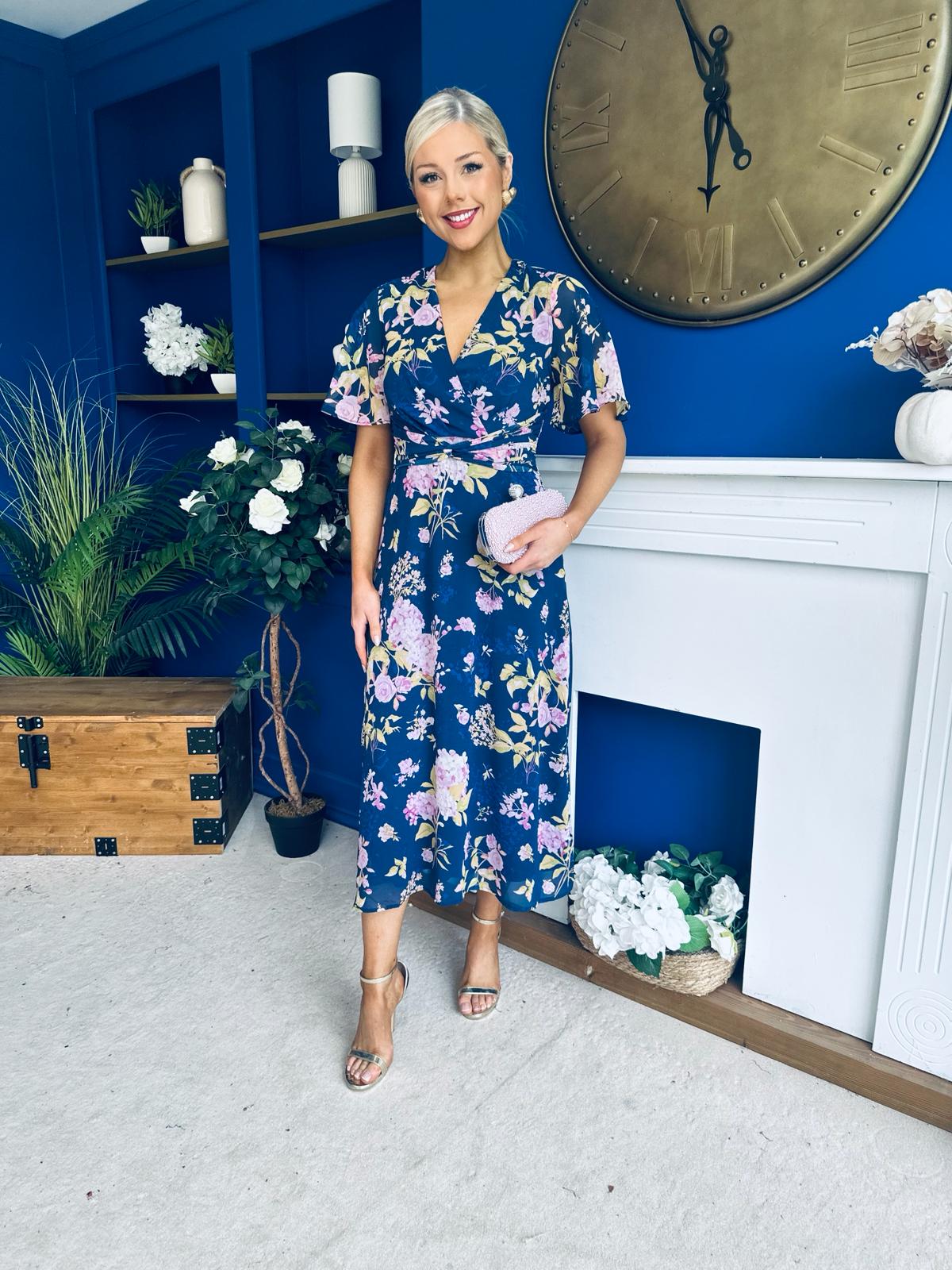 Daisy Twist Detail Midi Dress Floral Navy