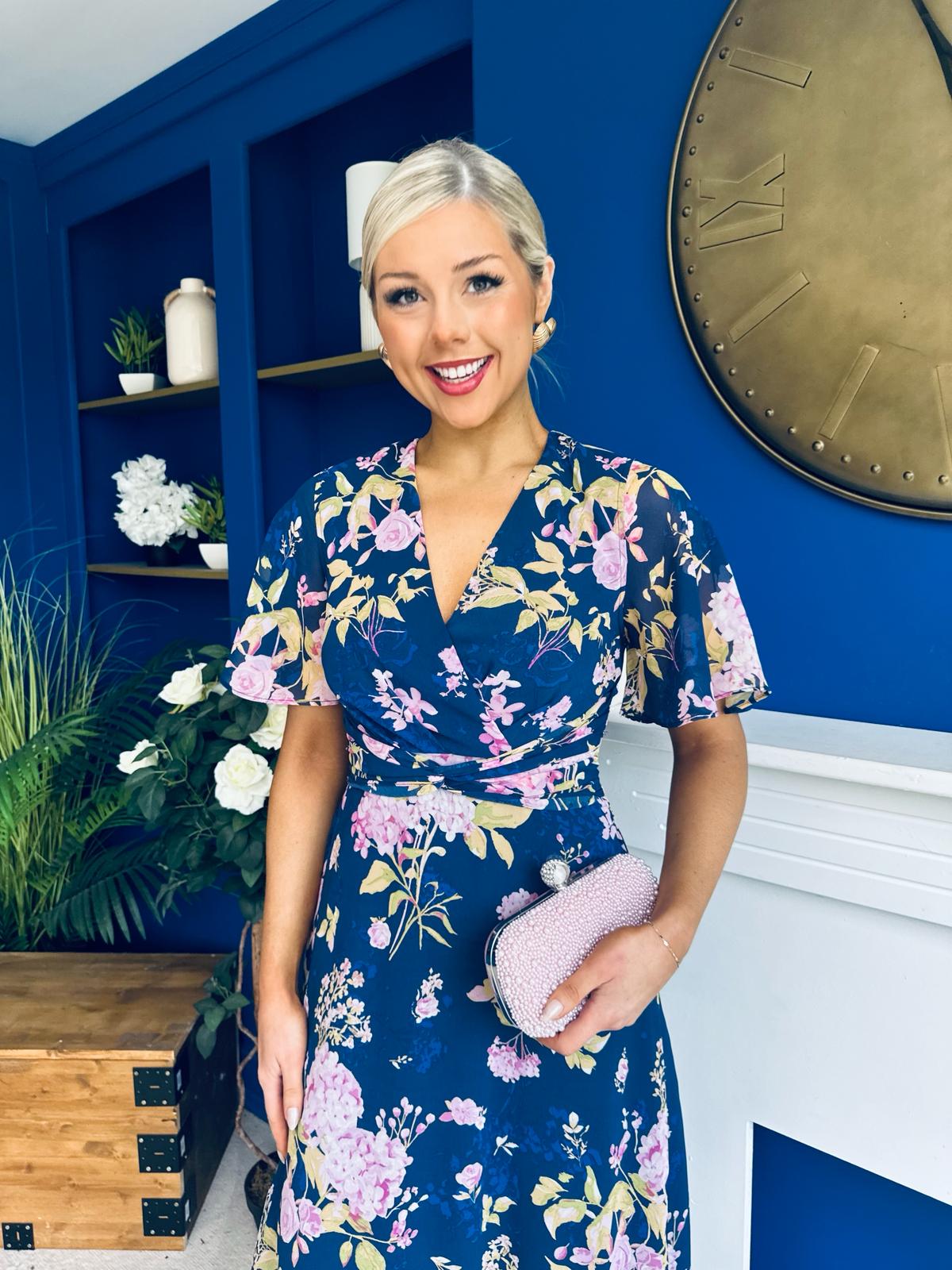 Daisy Twist Detail Midi Dress Floral Navy