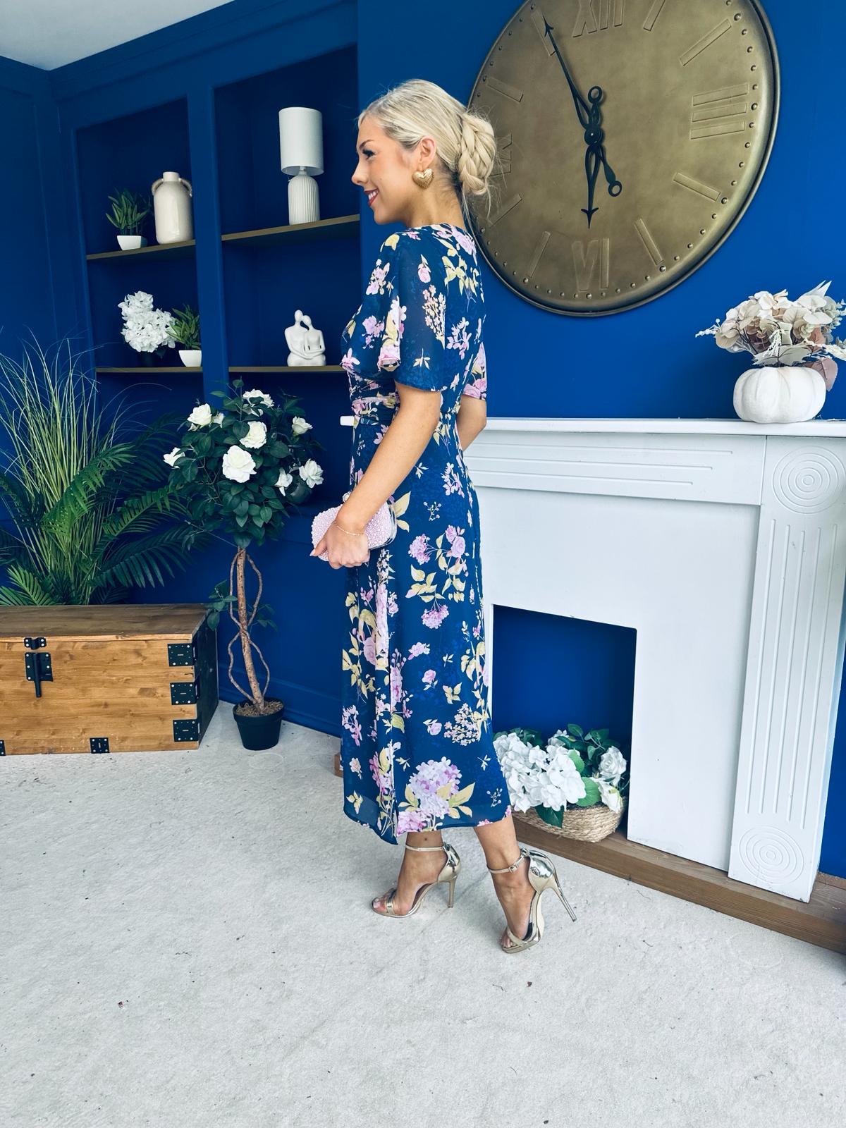 Daisy Twist Detail Midi Dress Floral Navy
