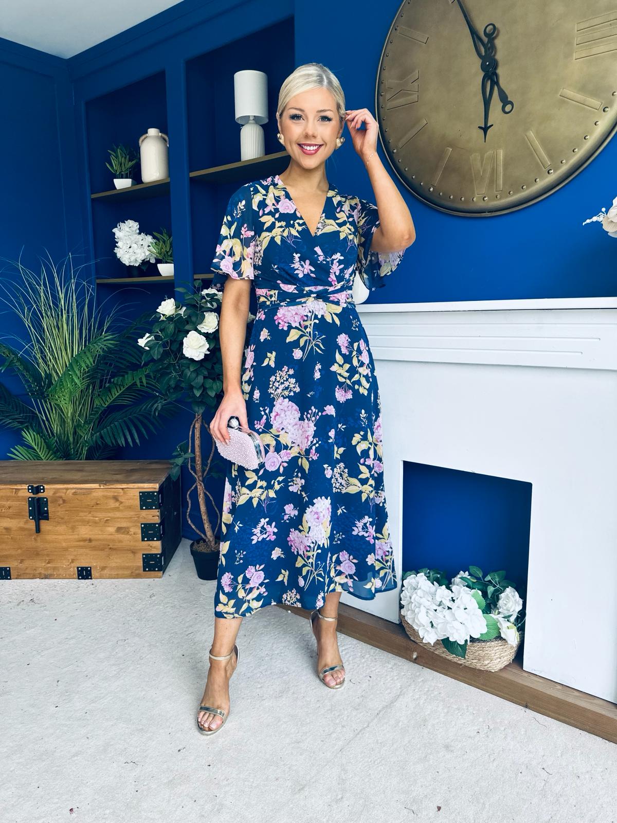 Daisy Twist Detail Midi Dress Floral Navy