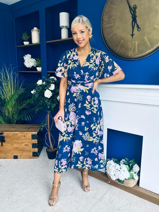 Daisy Twist Detail Midi Dress Floral Navy