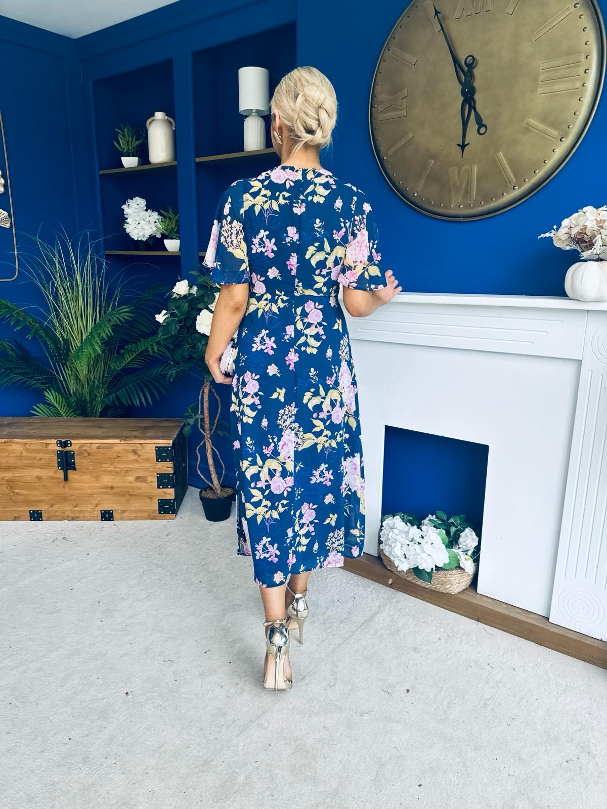 Daisy Twist Detail Midi Dress Floral Navy
