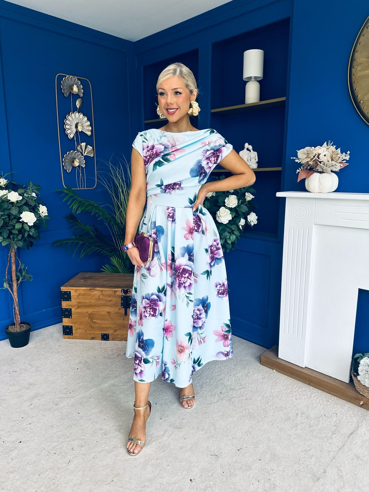 Breffy Asymmetric Neckline Skater Midi Floral Sky
