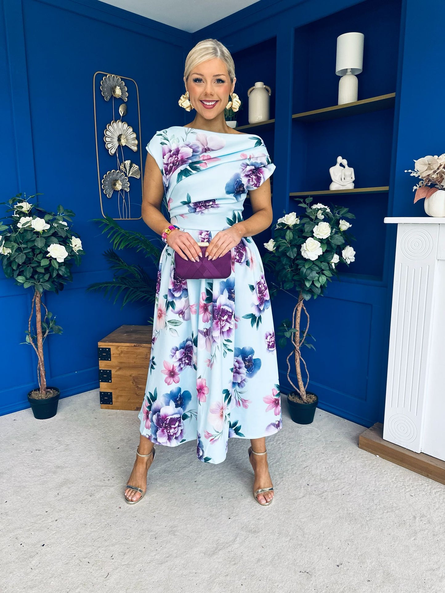Breffy Asymmetric Neckline Skater Midi Floral Sky