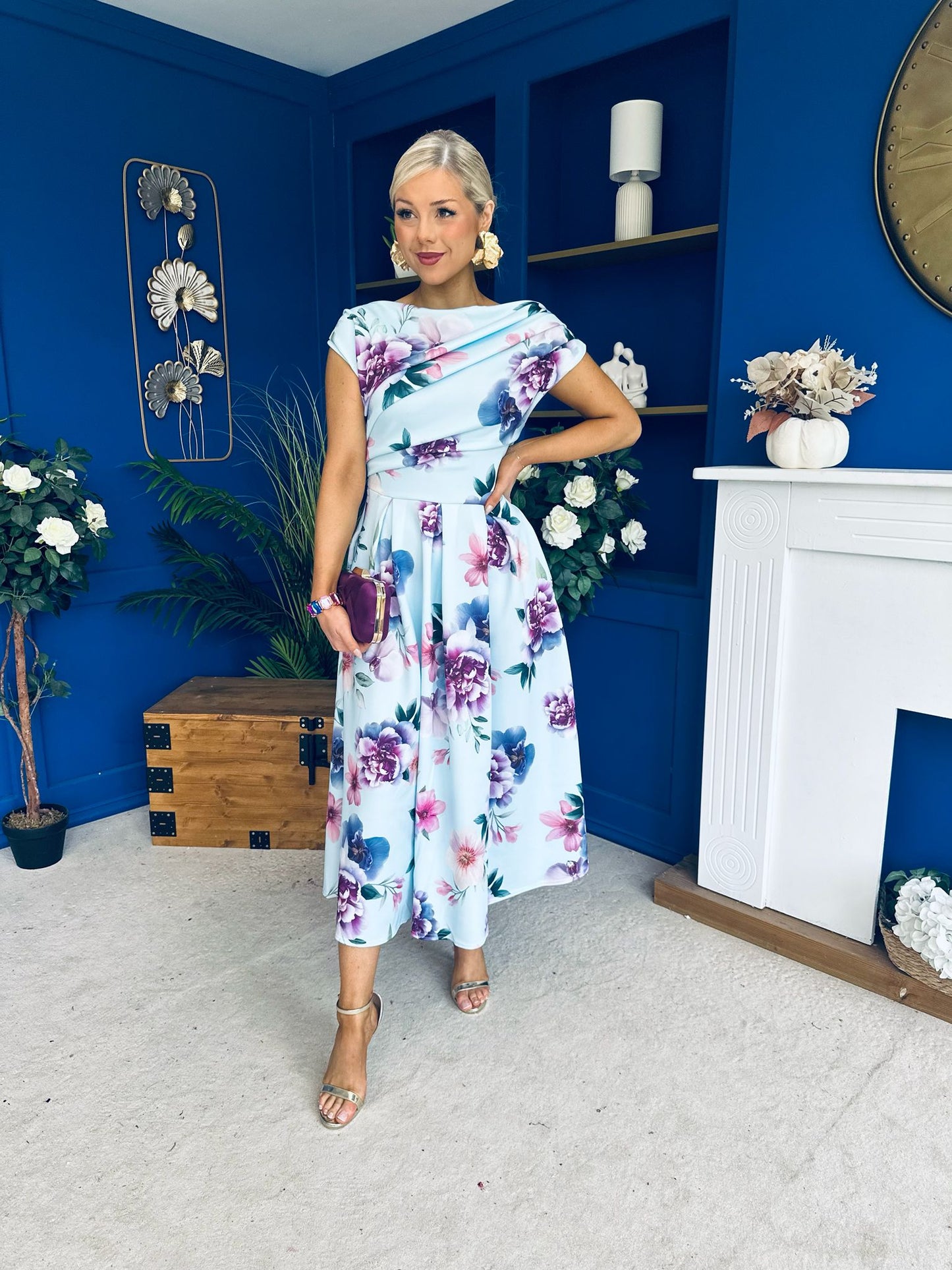 Breffy Asymmetric Neckline Skater Midi Floral Sky