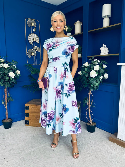Breffy Asymmetric Neckline Skater Midi Floral Sky