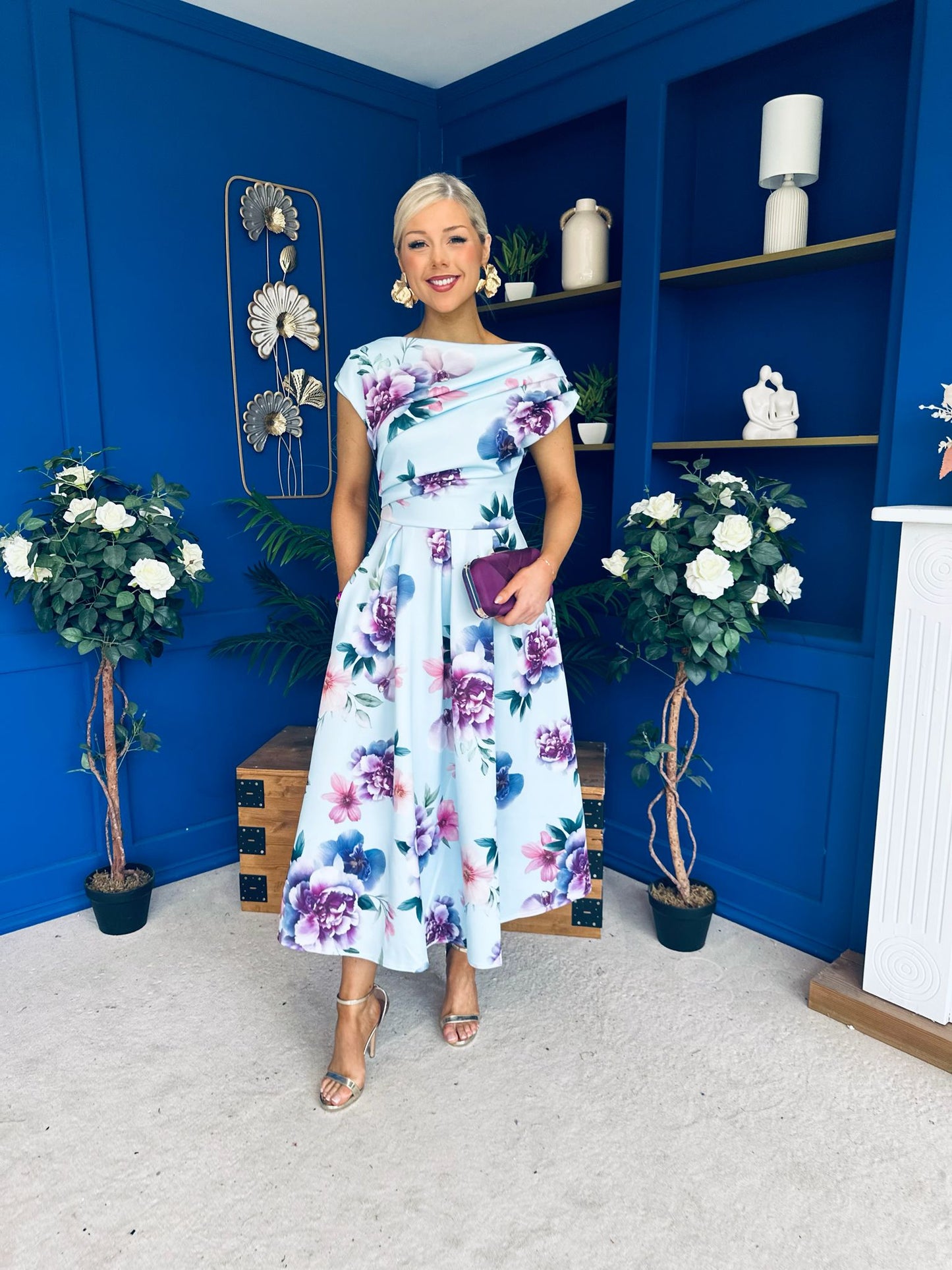 Breffy Asymmetric Neckline Skater Midi Floral Sky