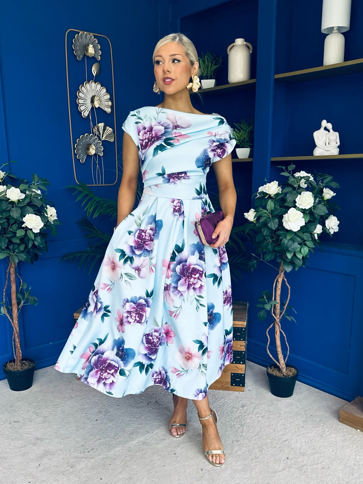 Breffy Asymmetric Neckline Skater Midi Floral Sky