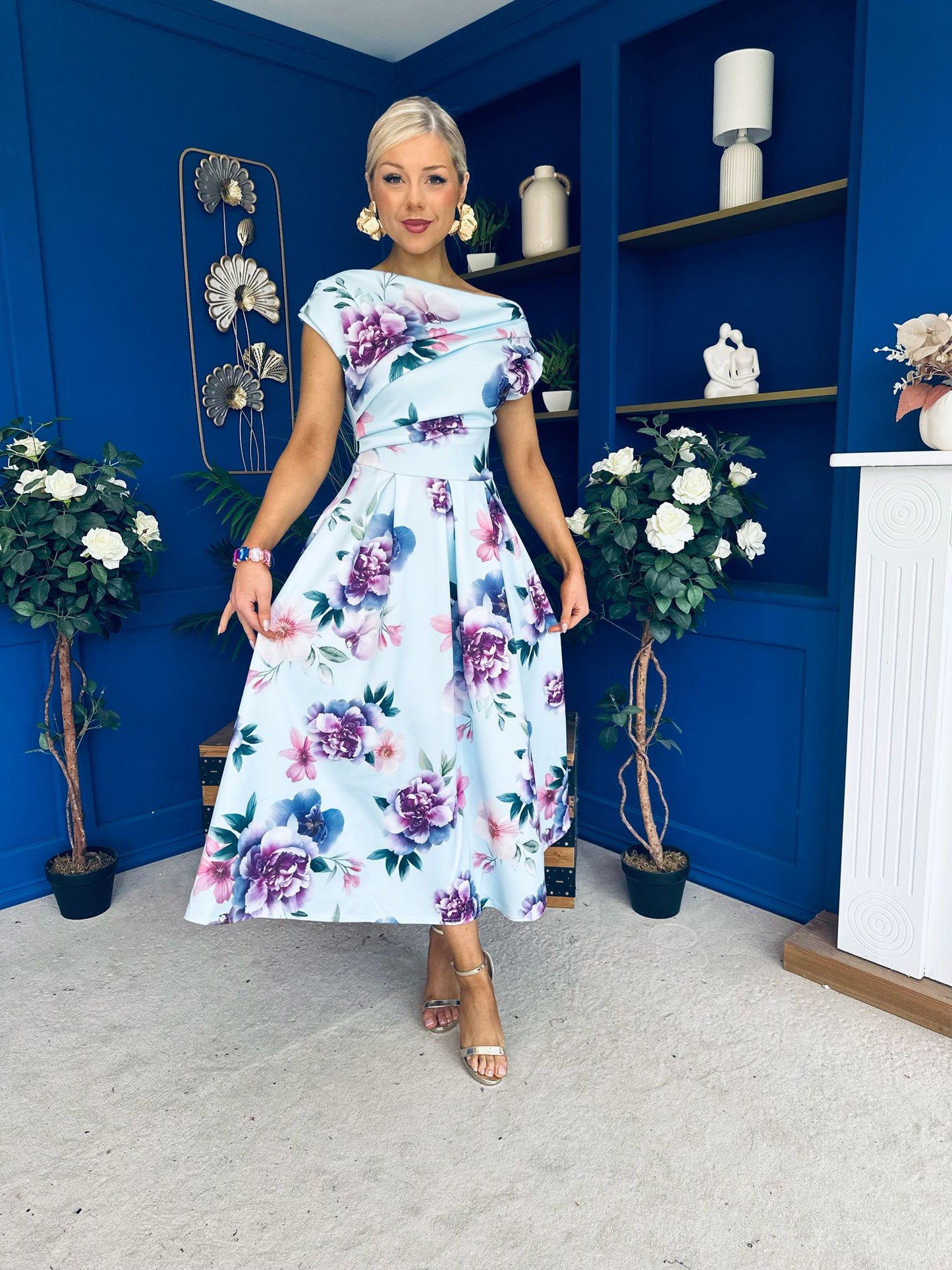Breffy Asymmetric Neckline Skater Midi Floral Sky