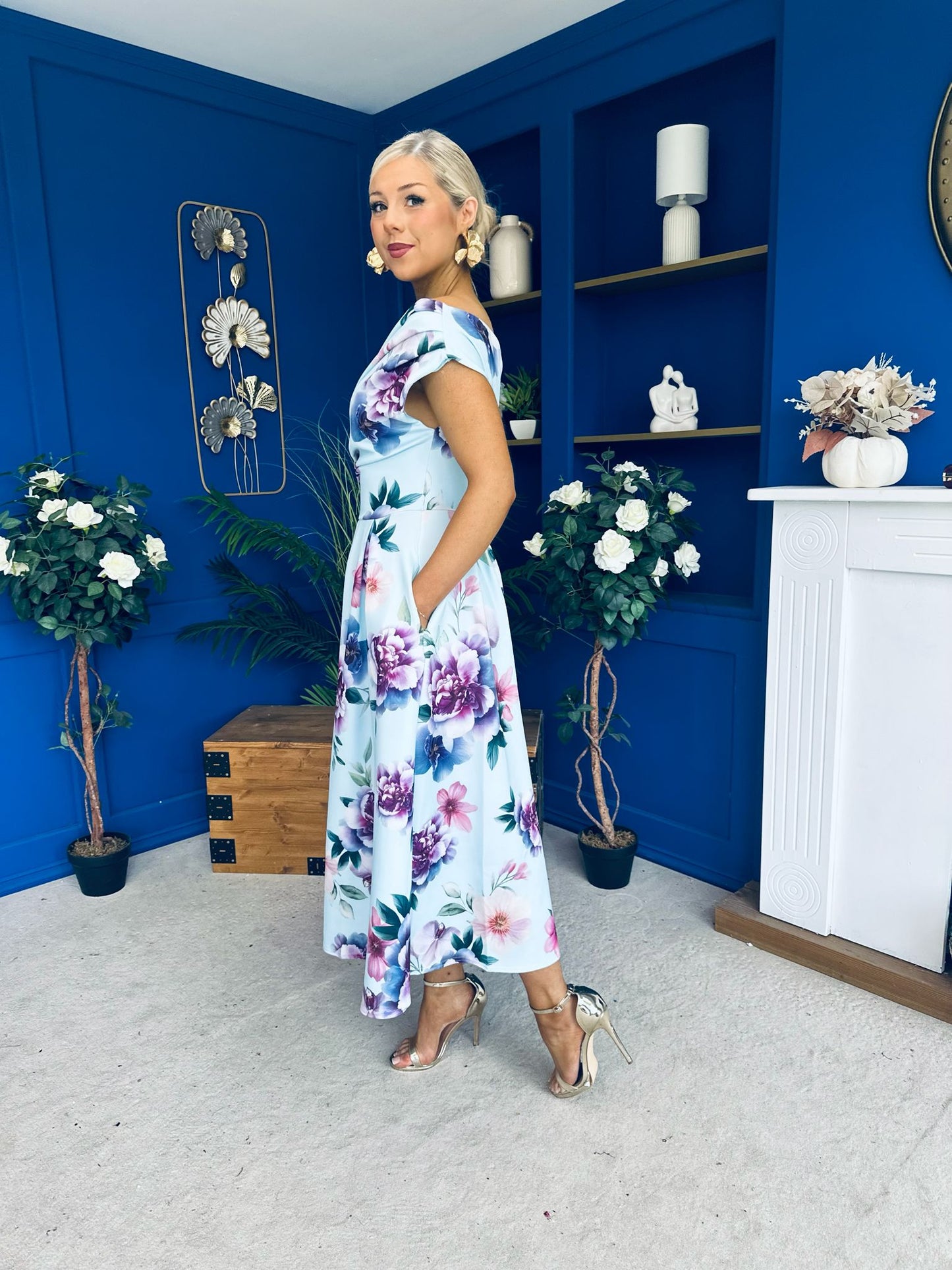 Breffy Asymmetric Neckline Skater Midi Floral Sky