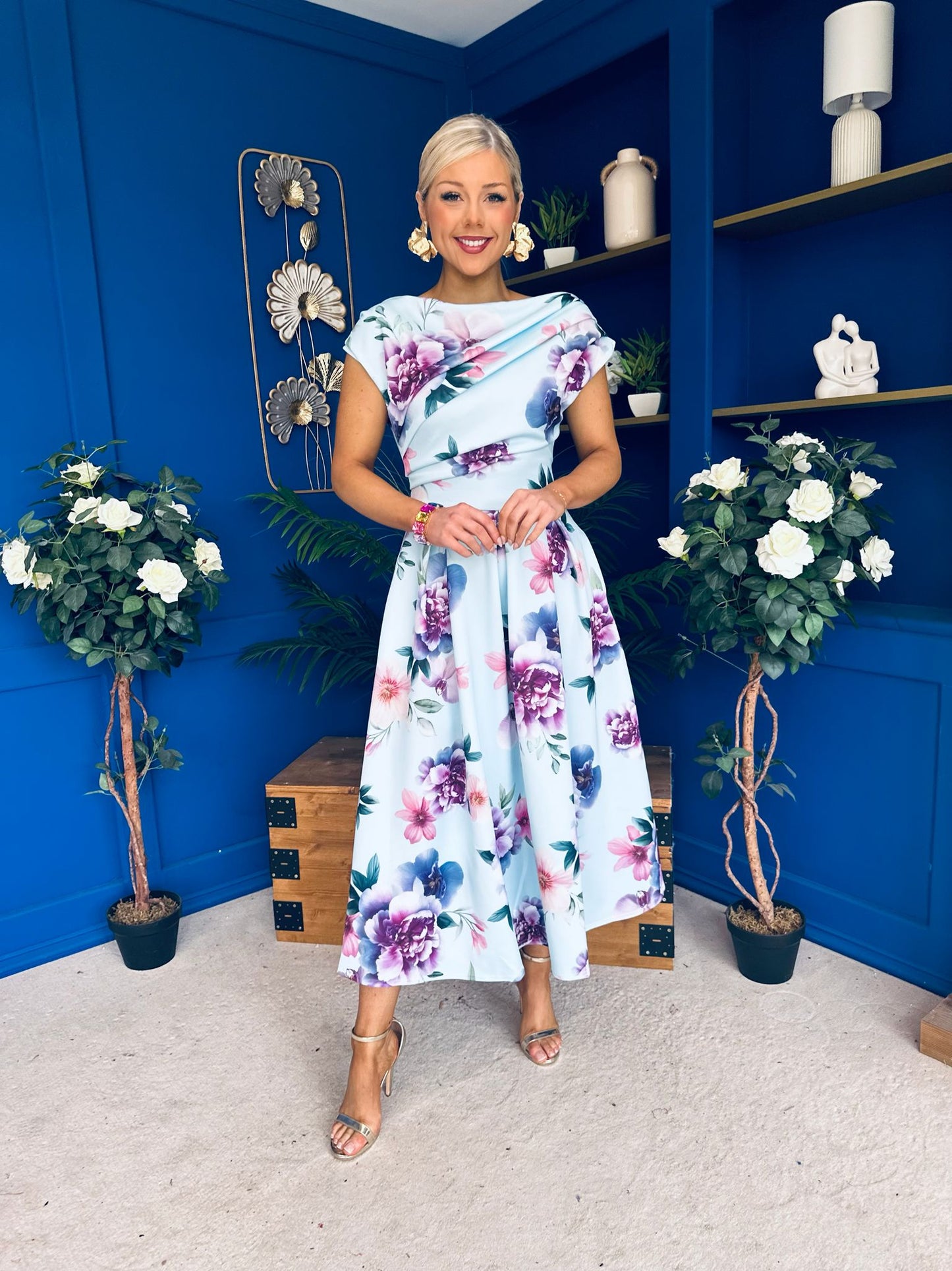Breffy Asymmetric Neckline Skater Midi Floral Sky