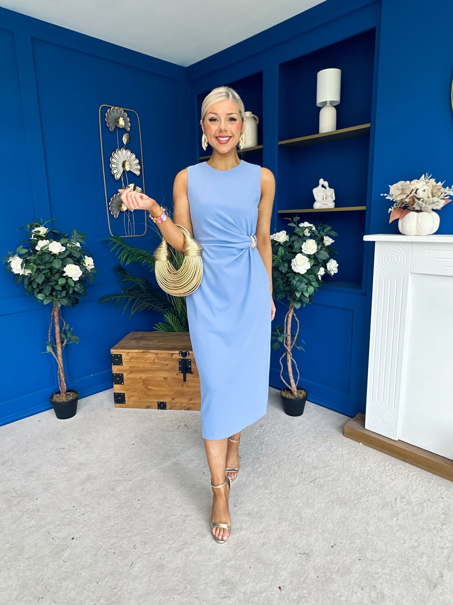 Louisa Gold Buckle Wrap detail Midi Dress Blue