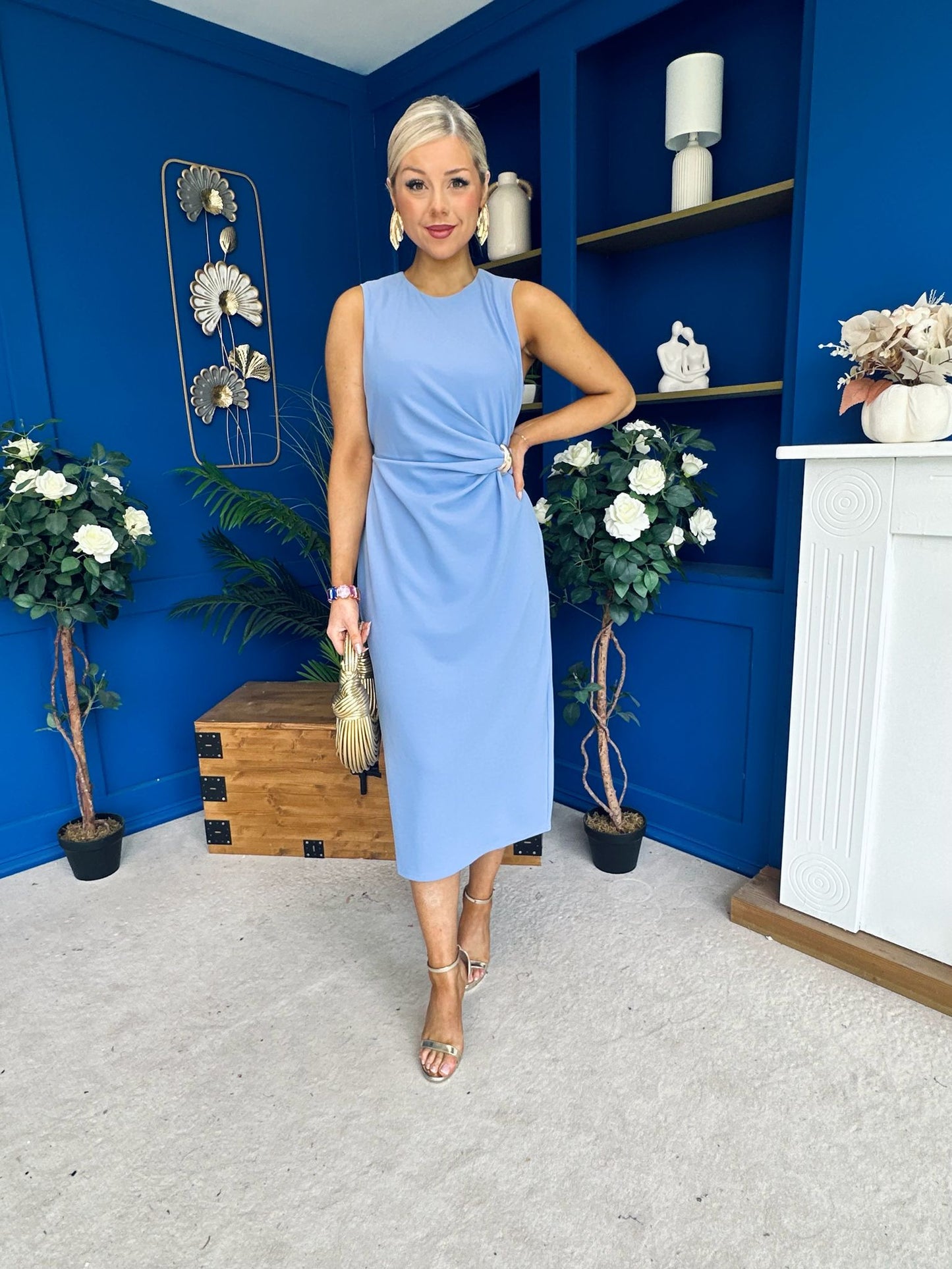 Louisa Gold Buckle Wrap detail Midi Dress Blue