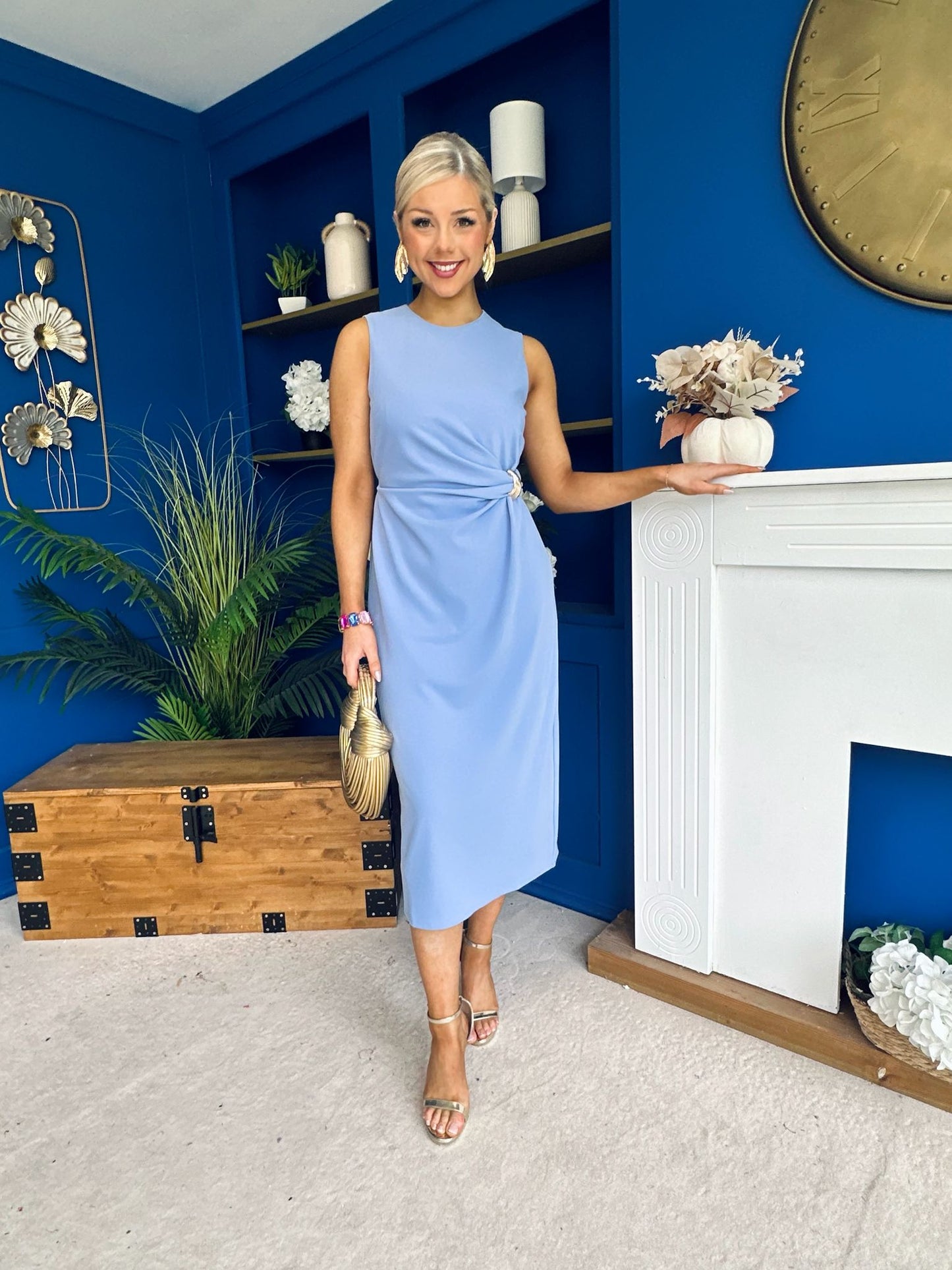 Louisa Gold Buckle Wrap detail Midi Dress Blue