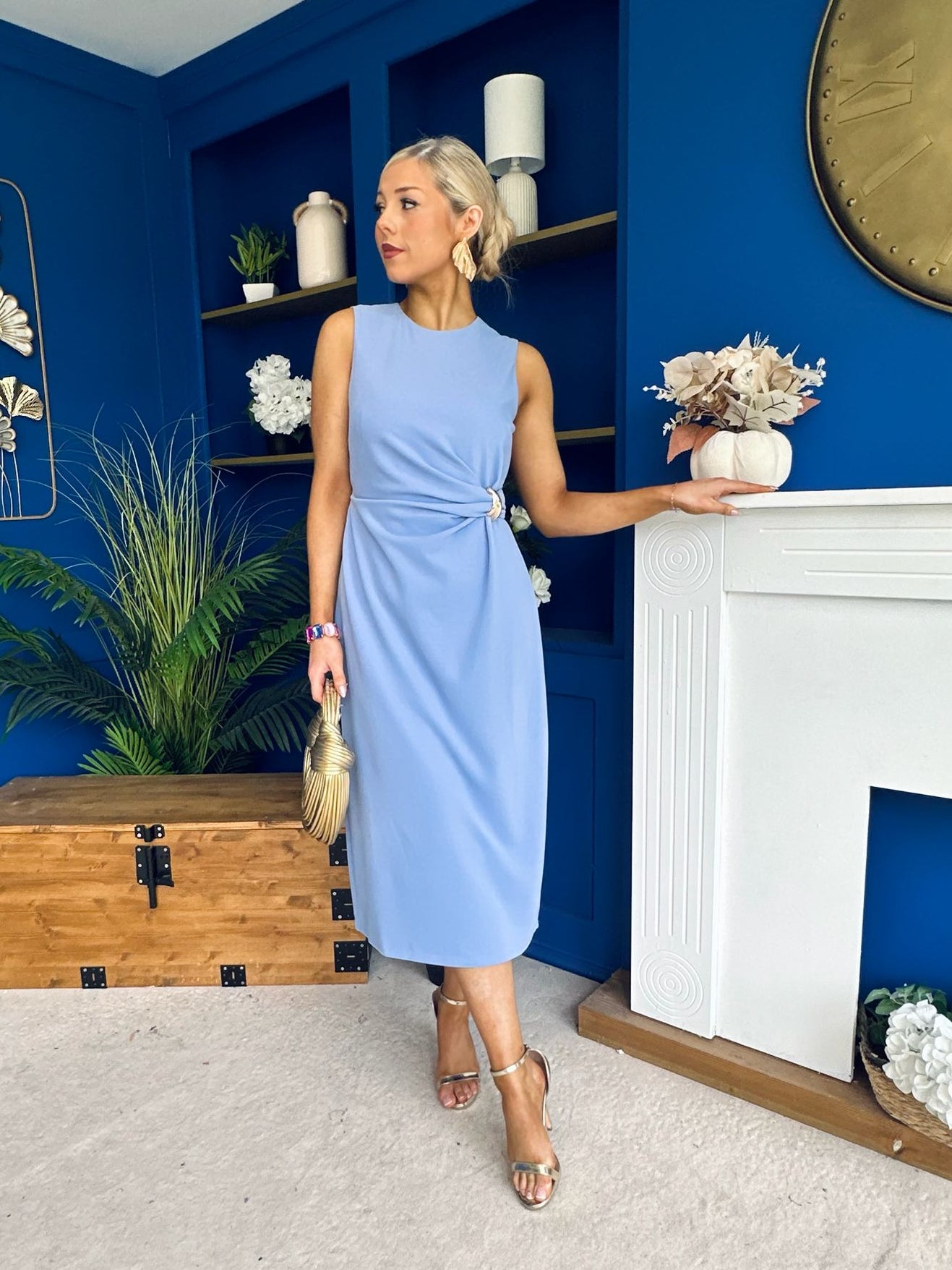 Louisa Gold Buckle Wrap detail Midi Dress Blue