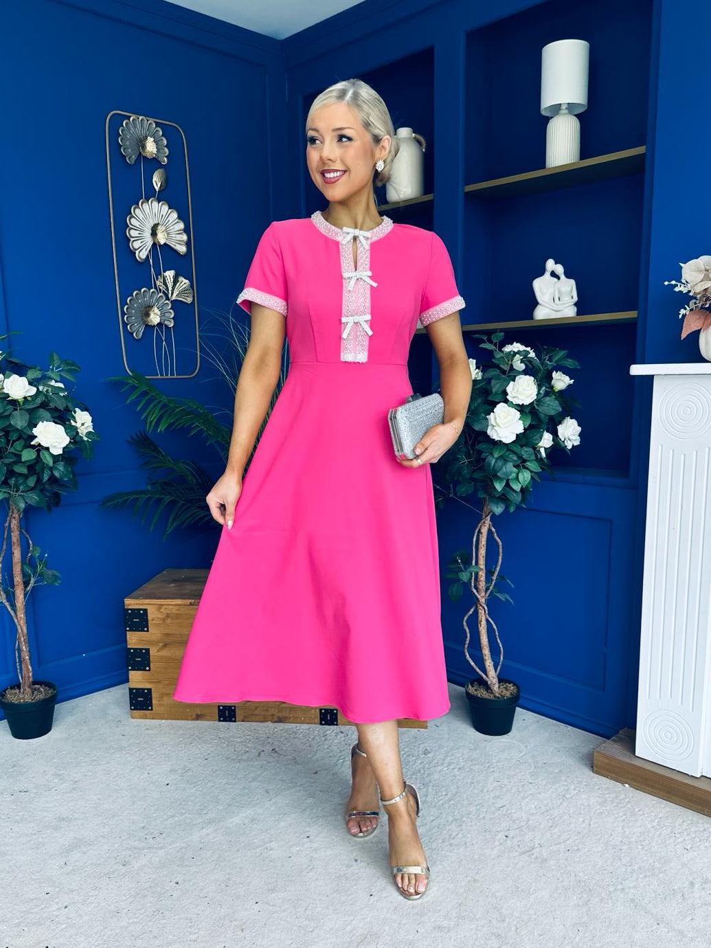 Natalia Beaded Bow Midi Dress Pink
