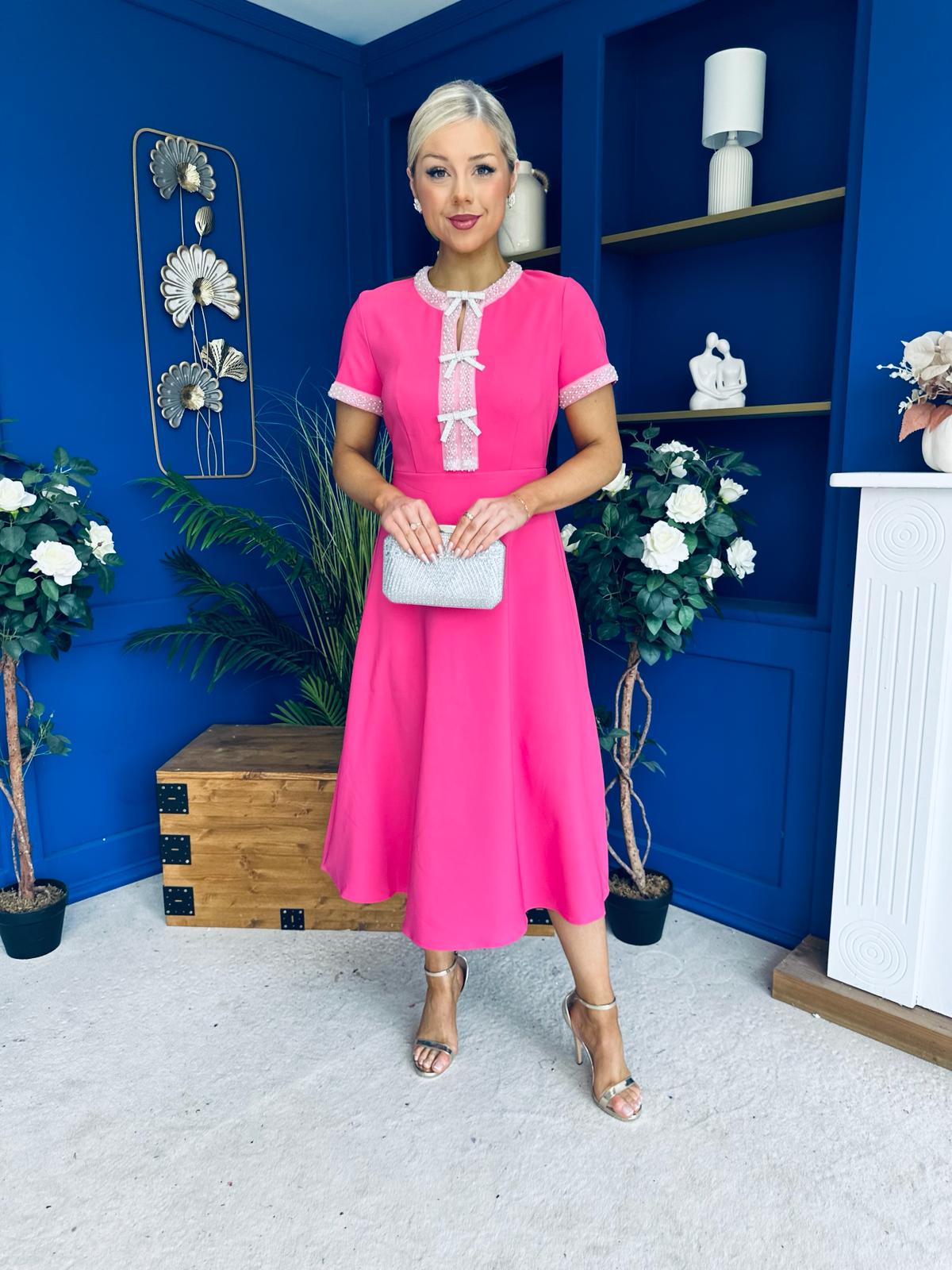 Natalia Beaded Bow Midi Dress Pink