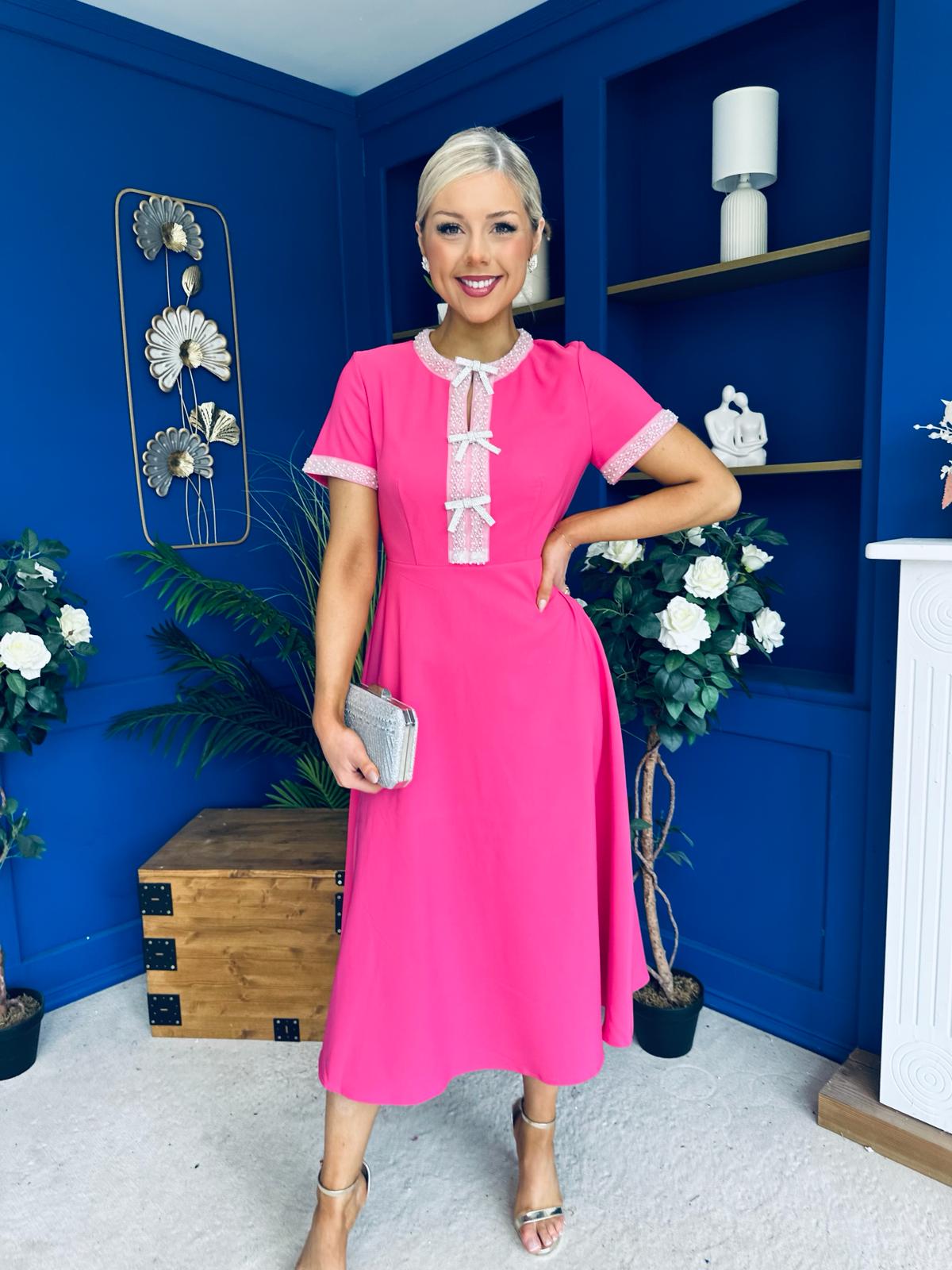 Natalia Beaded Bow Midi Dress Pink