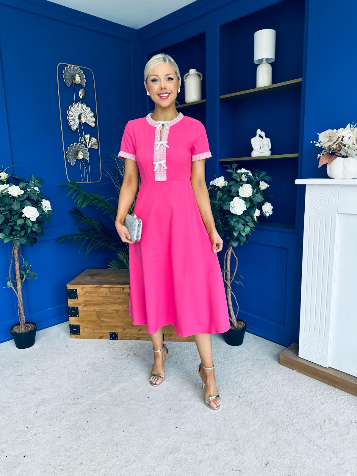 Natalia Beaded Bow Midi Dress Pink