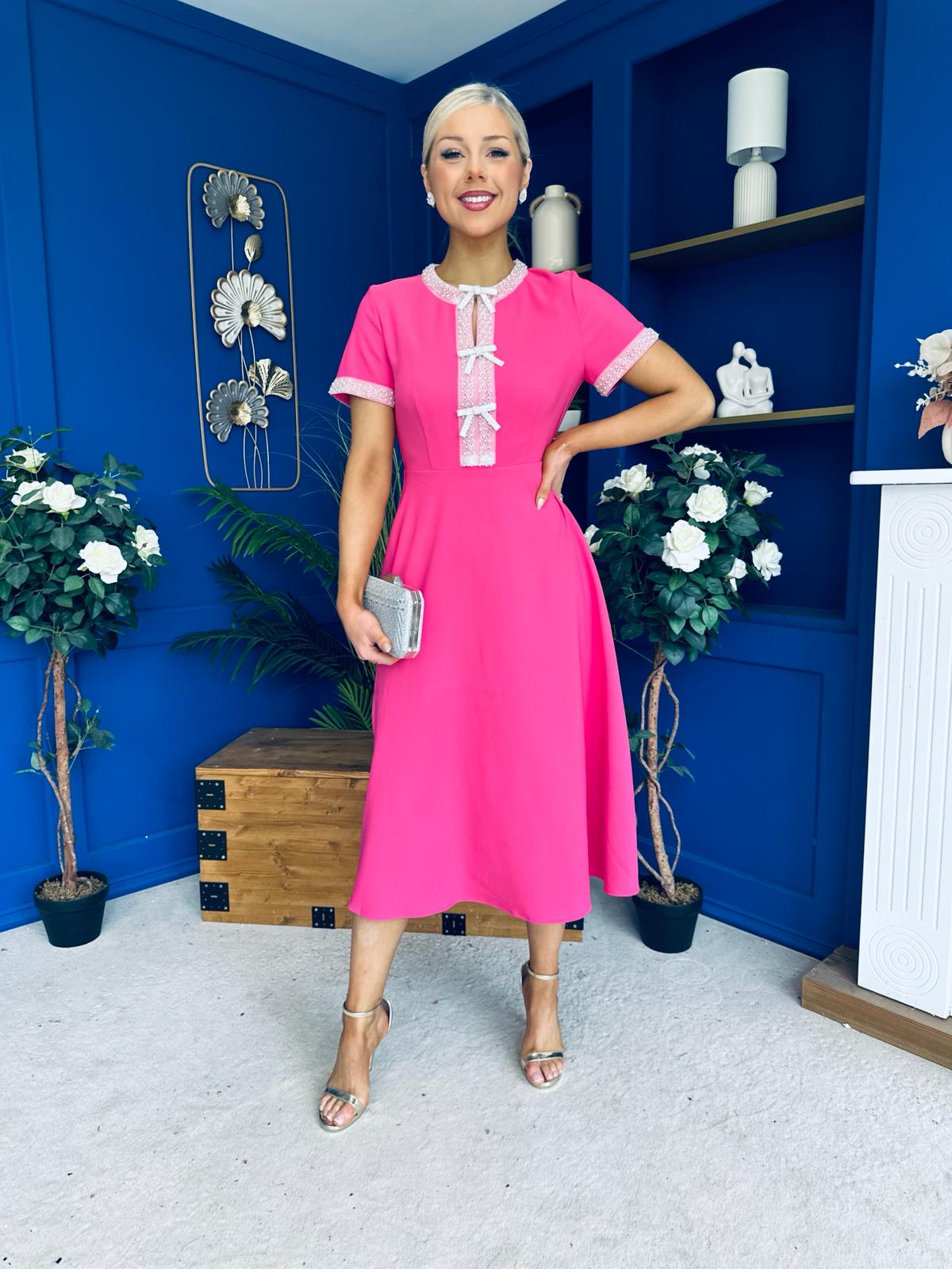 Natalia Beaded Bow Midi Dress Pink