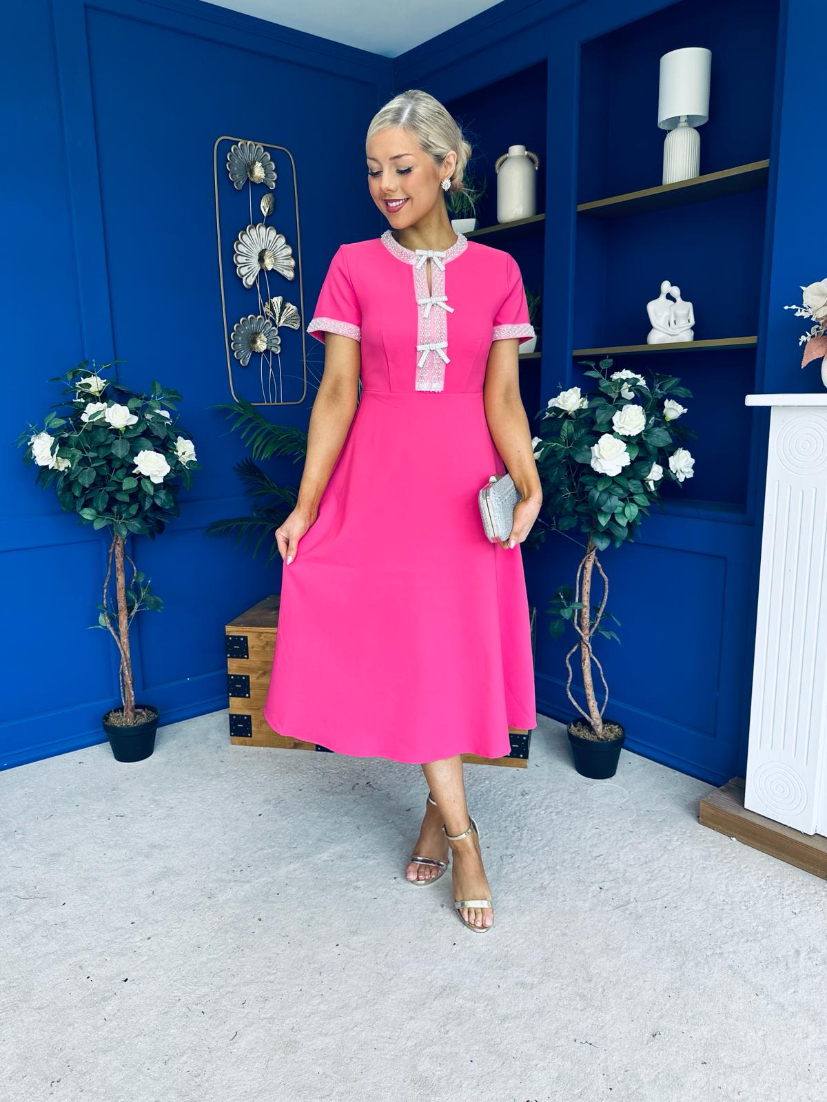Natalia Beaded Bow Midi Dress Pink