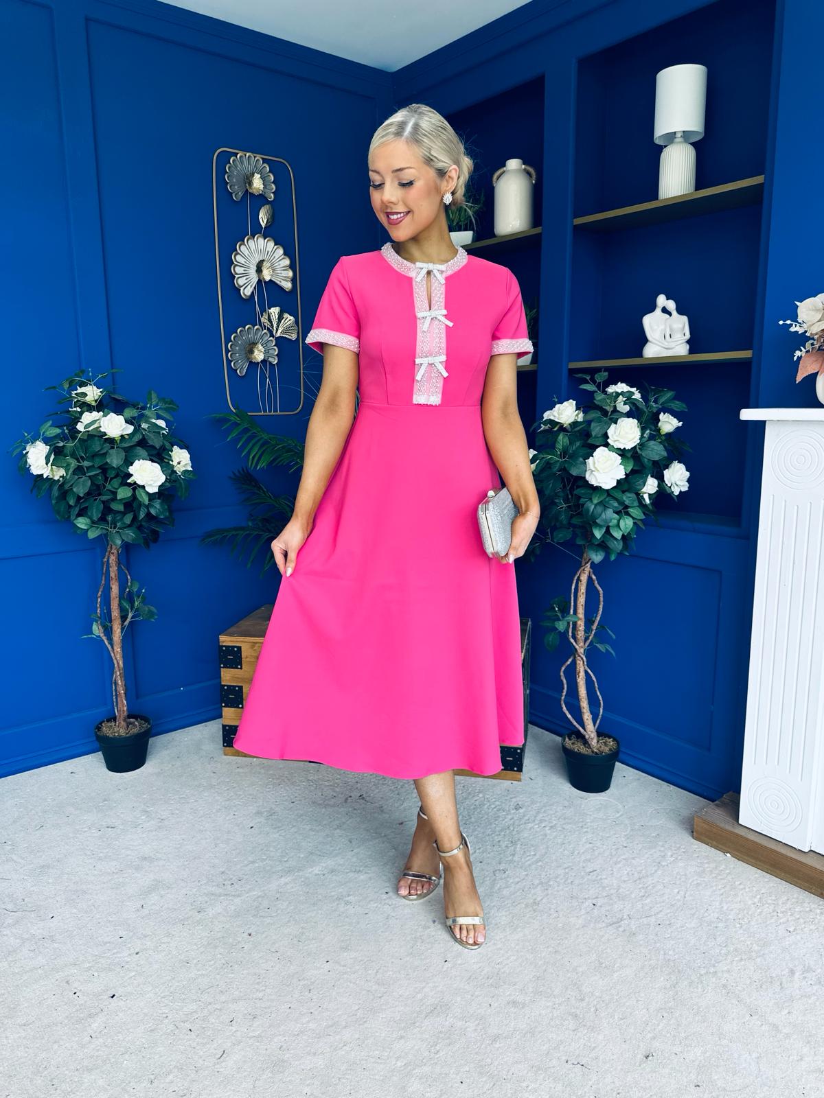 Natalia Beaded Bow Midi Dress Pink