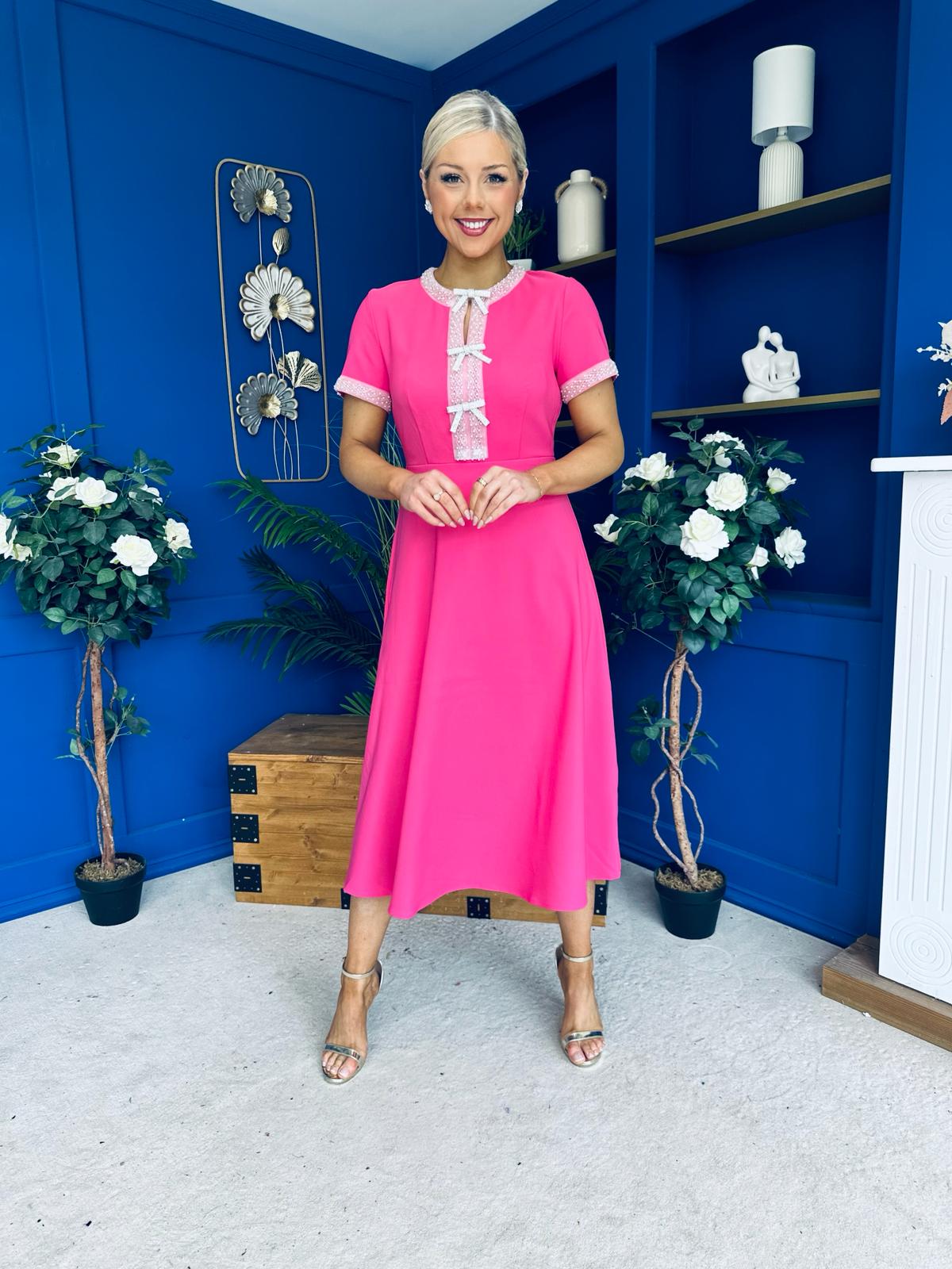 Natalia Beaded Bow Midi Dress Pink
