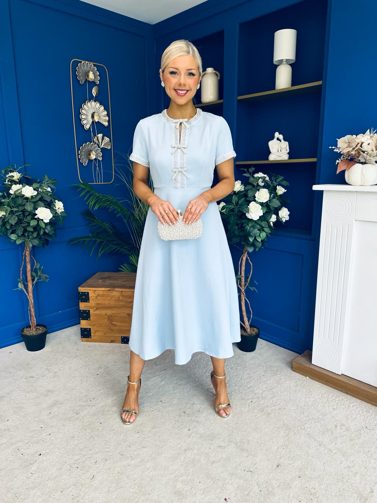 Natalia Beaded Bow Midi Dress Blue