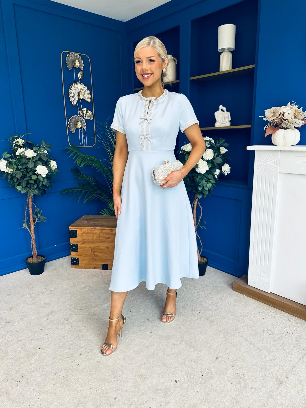 Natalia Beaded Bow Midi Dress Blue