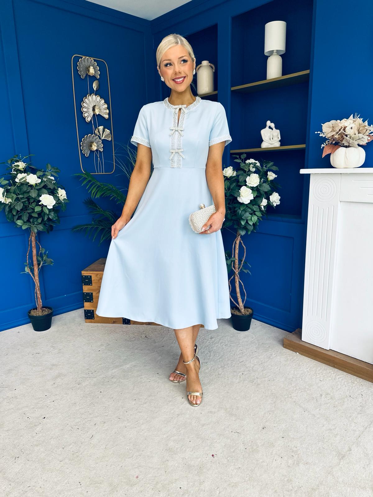 Natalia Beaded Bow Midi Dress Blue