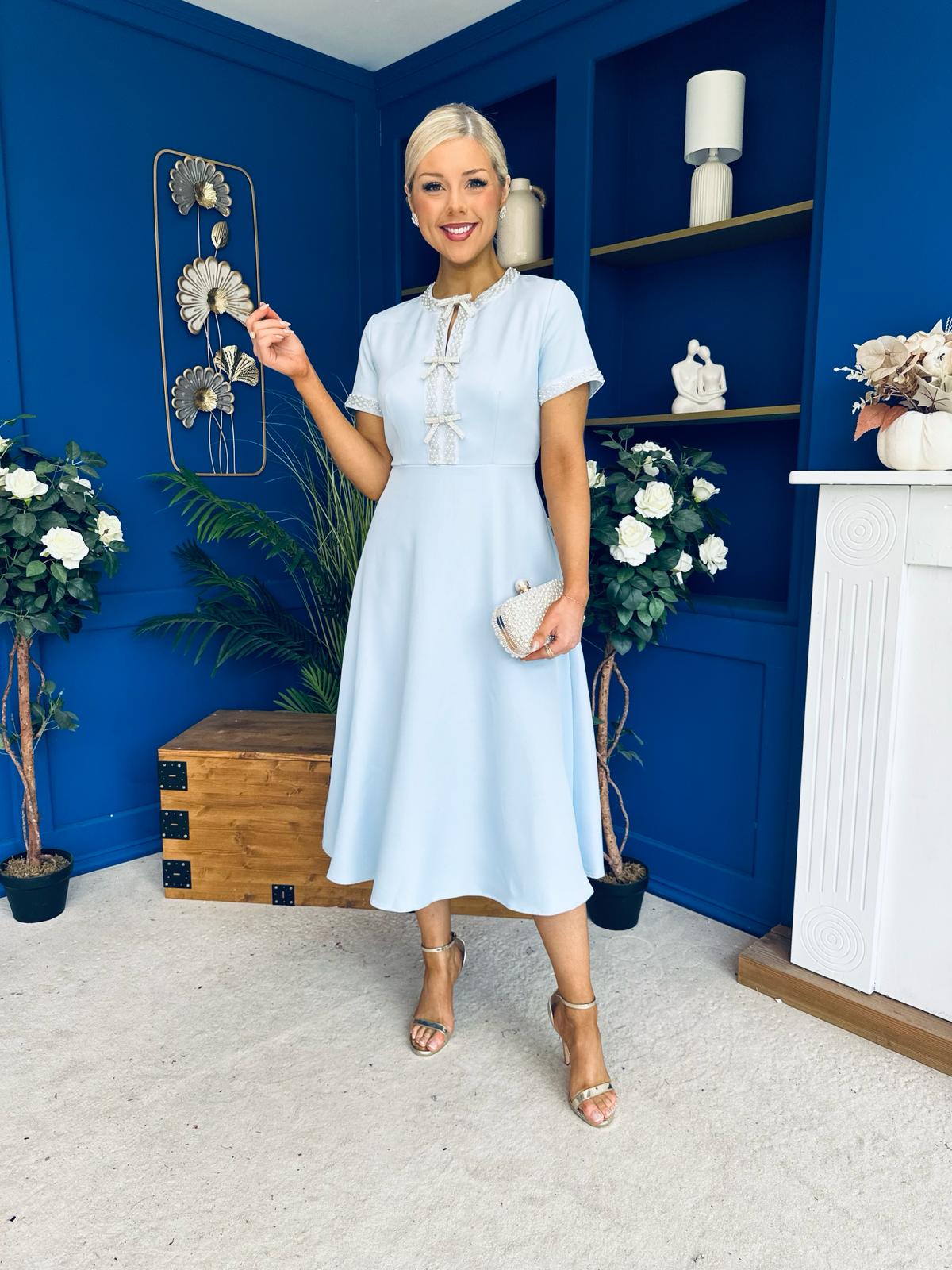 Natalia Beaded Bow Midi Dress Blue