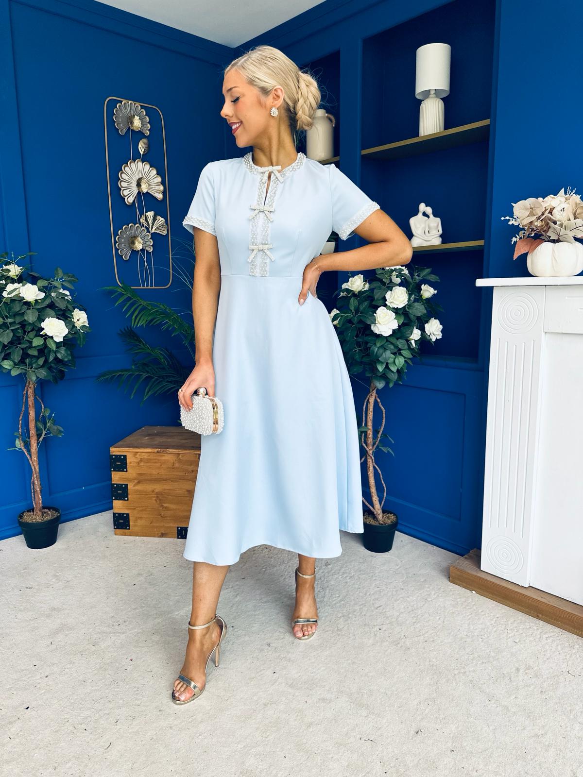 Natalia Beaded Bow Midi Dress Blue