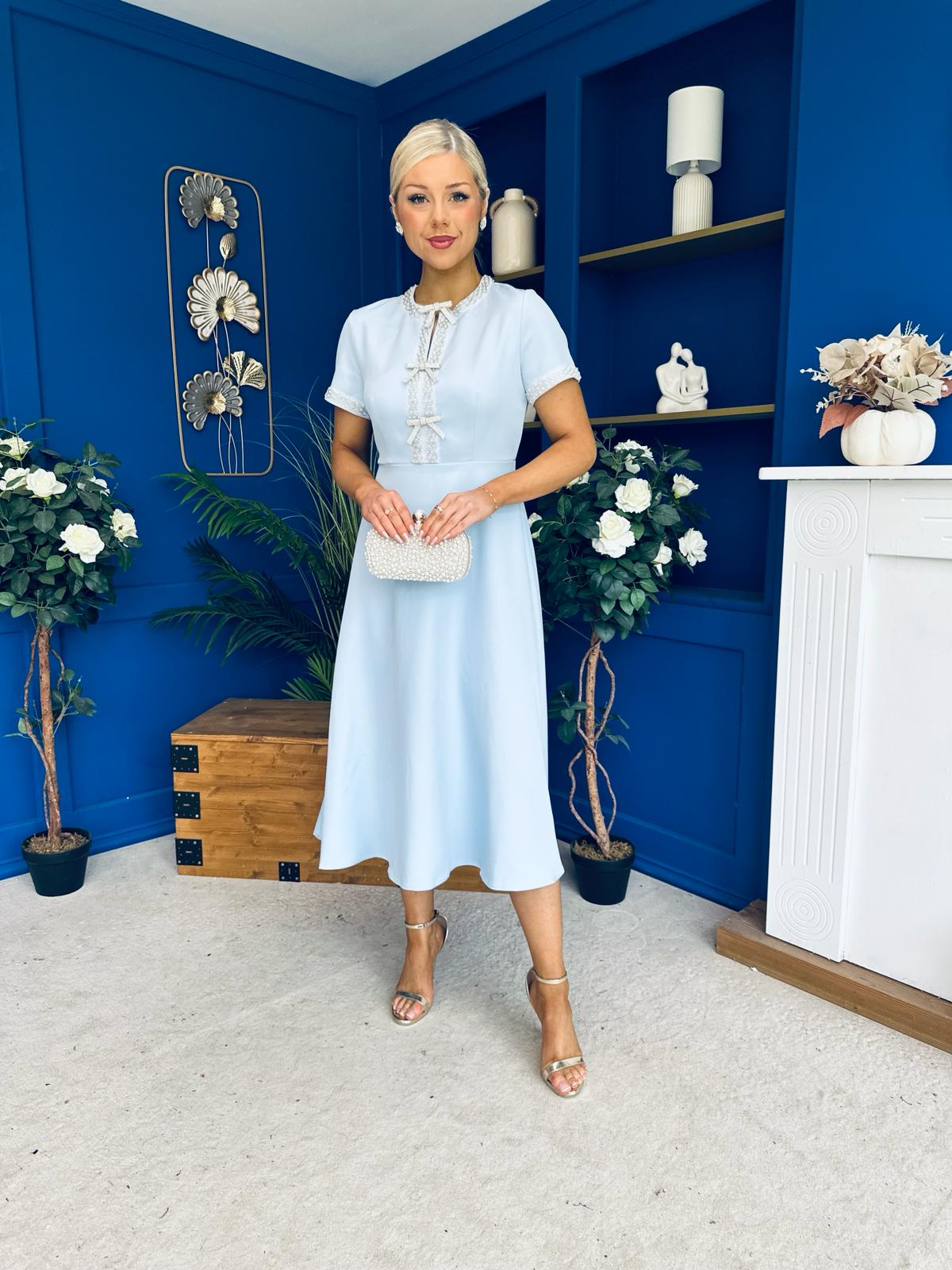 Natalia Beaded Bow Midi Dress Blue