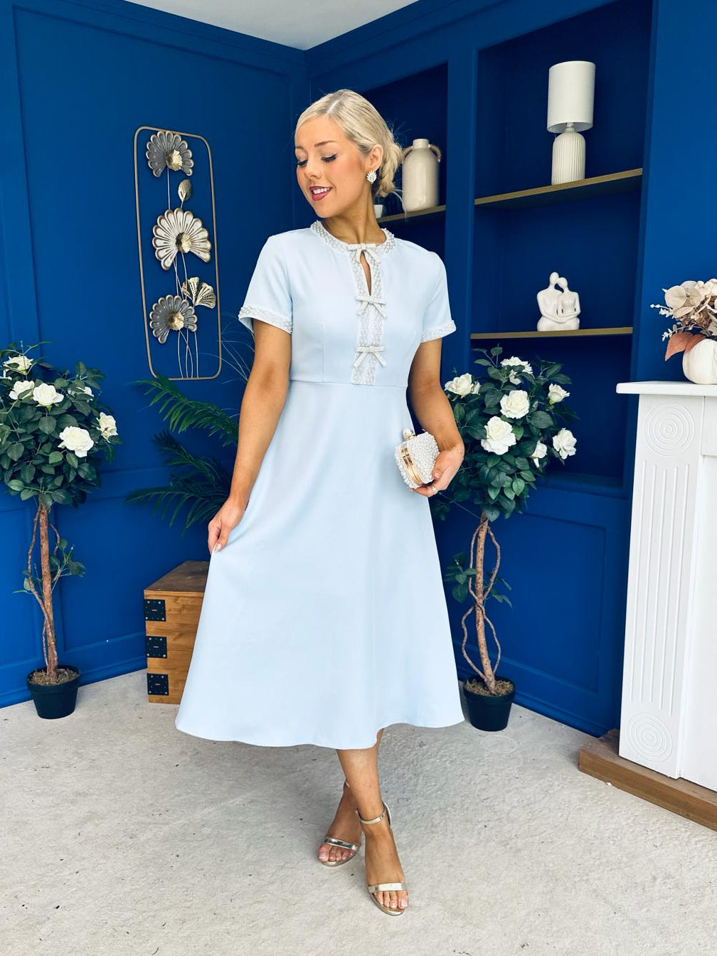 Natalia Beaded Bow Midi Dress Blue