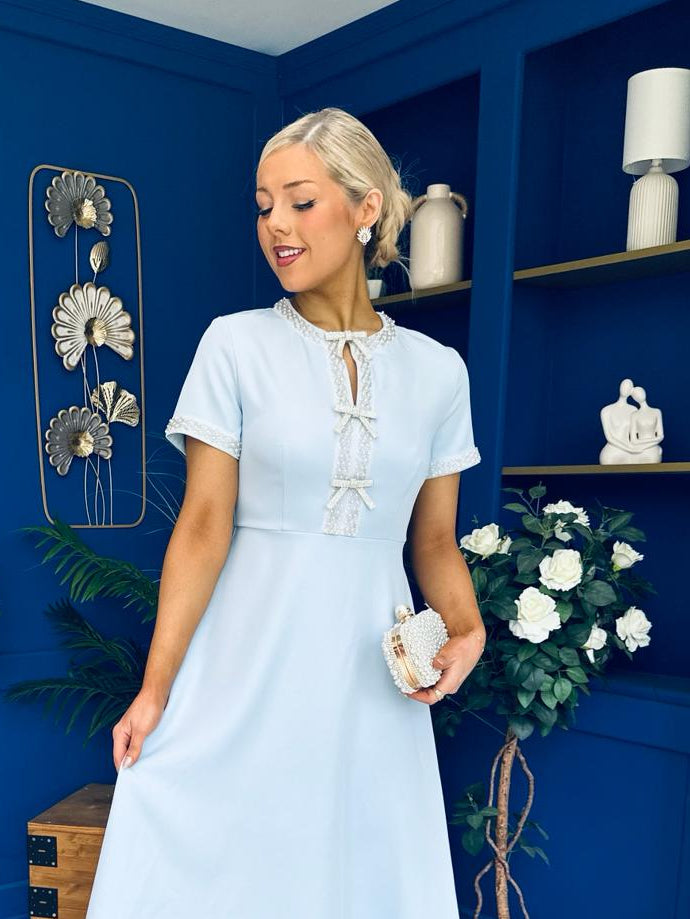 Natalia Beaded Bow Midi Dress Blue
