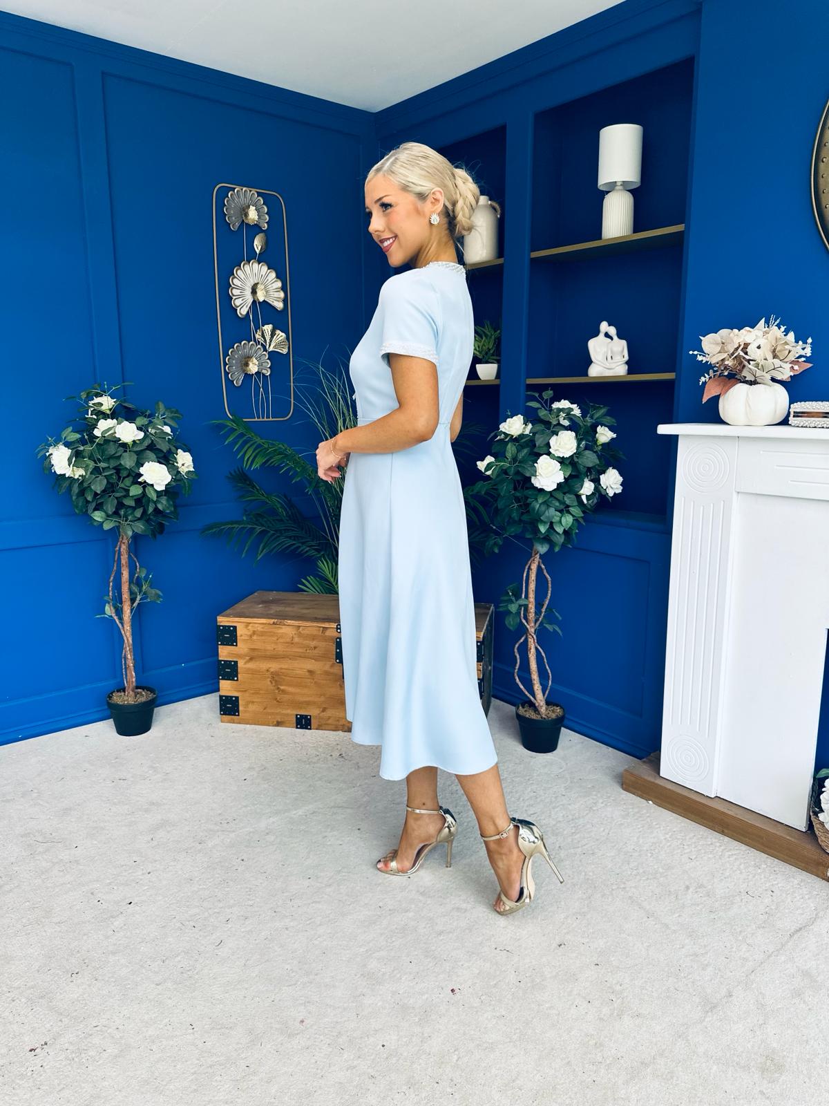 Natalia Beaded Bow Midi Dress Blue