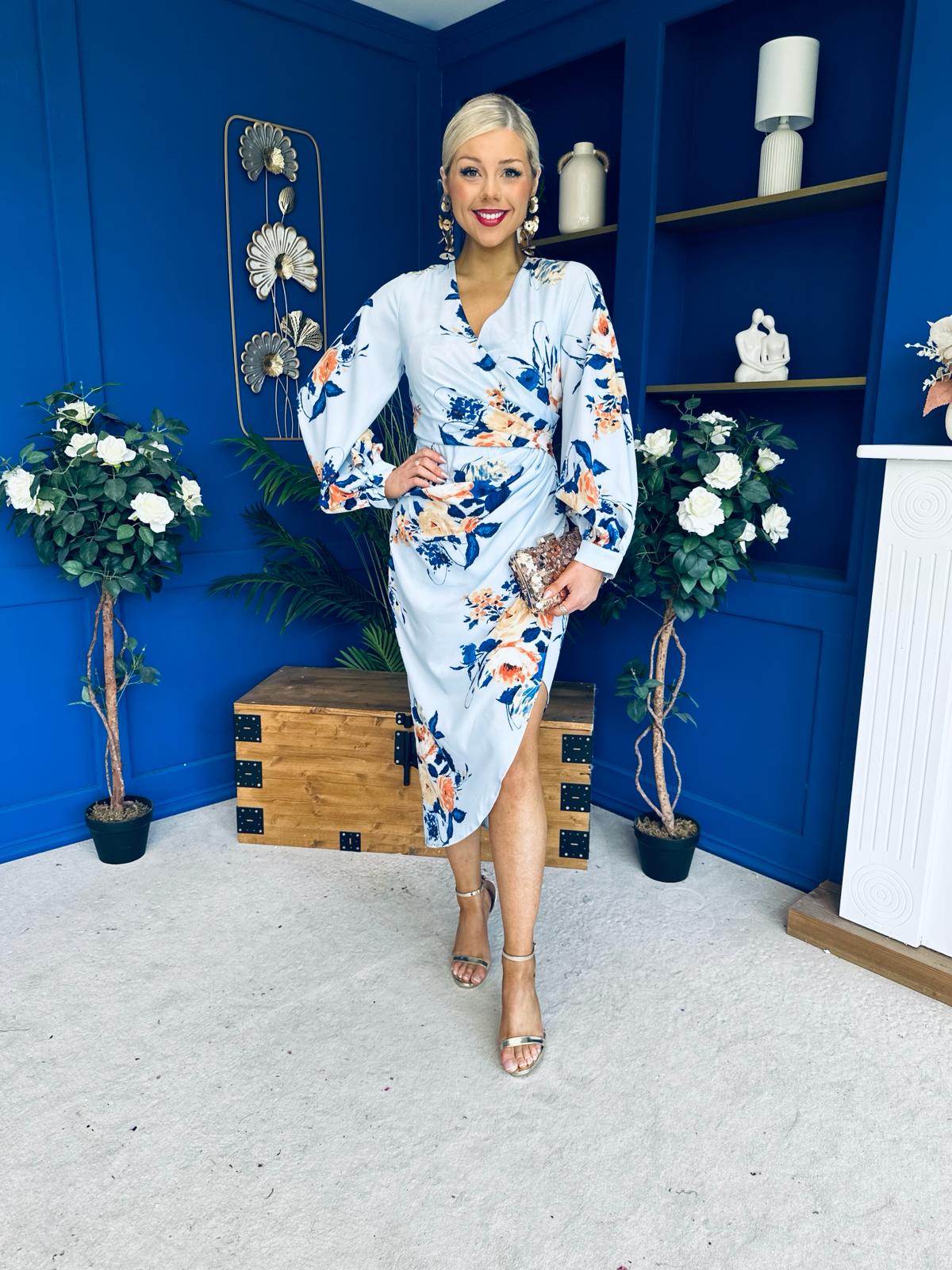 Elsa Sky Blue Floral Wrap Asymmetric Midi Dress