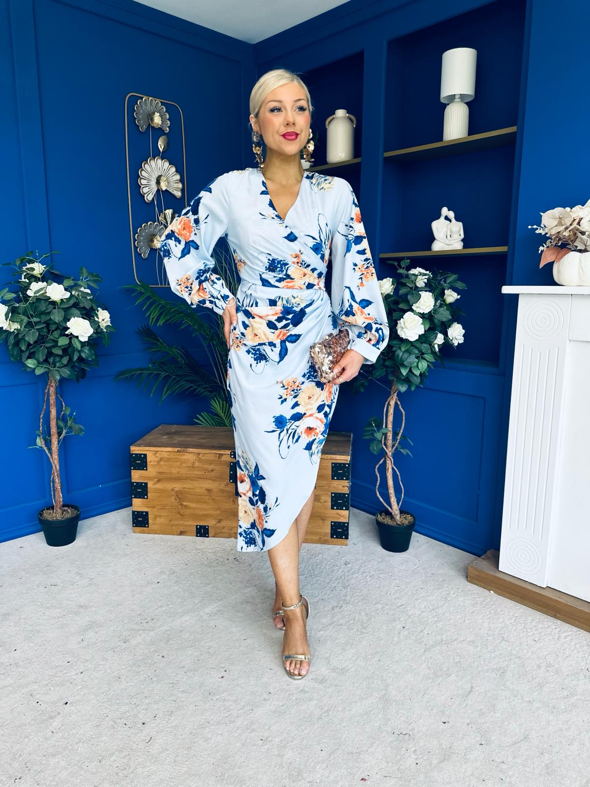 Elsa Sky Blue Floral Wrap Asymmetric Midi Dress